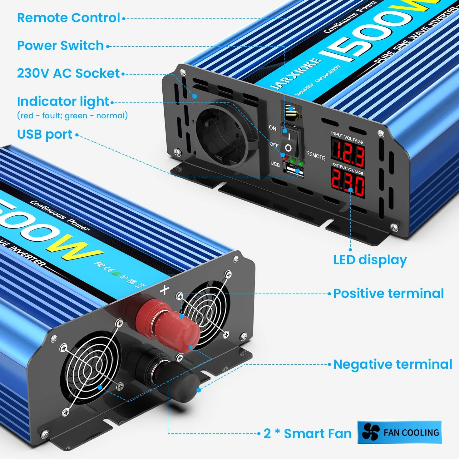 1500w Przetwornik 12V do 230V Czysty Sinus Falownik Napięcia 12V 230v DC Przetwornik Słoneczny,z Gniazdem Europejskim i USB,Pilot Zdalnego Sterowania