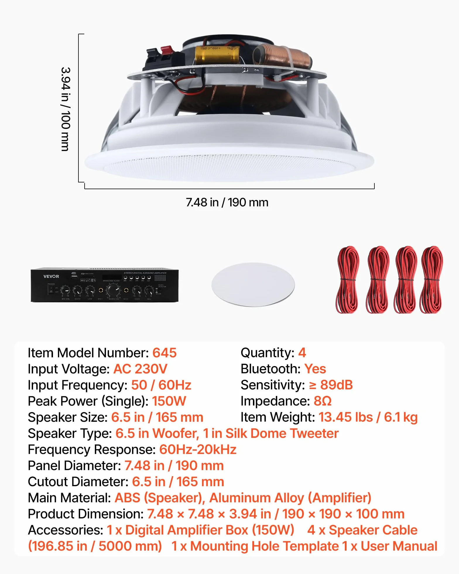 VEVOR Wbudowany głośnik sufitowy Bluetooth 165,1 mm, 4-częściowy zestaw głośników sufitowych do wilgotnych pomieszczeń, kino domowe, salon, zadaszony ganek, ze wzmacniaczem, 2-drożny montaż podtynkowy