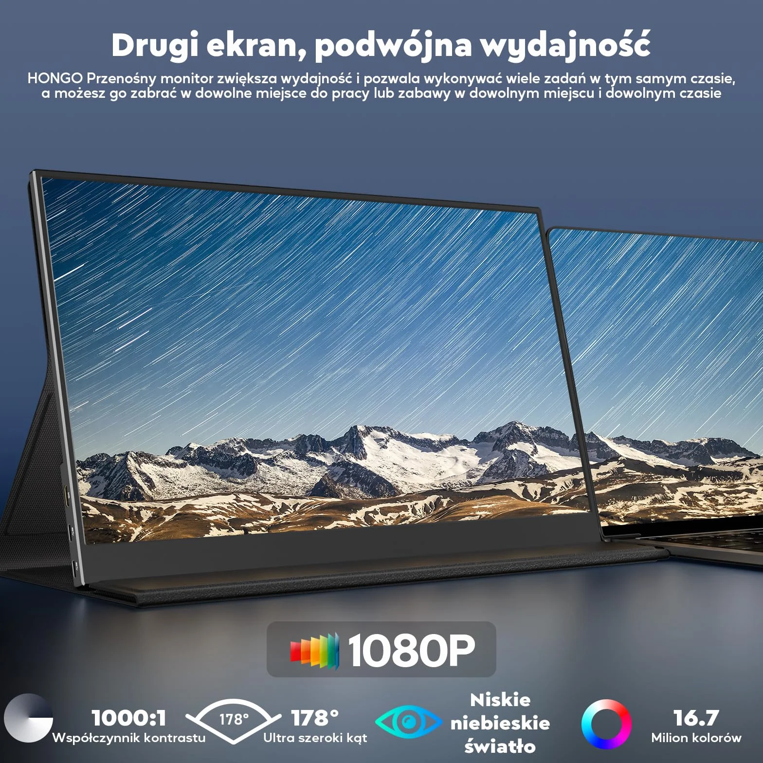 HONGO monitor przenośny do laptopa, ekran przenośny 15,6 cala 1920 x 1080 FHD, USB-C HDMI monitor do laptopa wbudowane głośniki z inteligentną obudową, ekran do laptopa PC Mac PS3/4/5/X-BO/Telefon