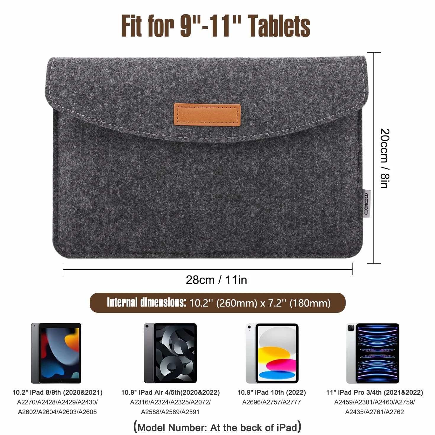 MoKo 9-11 Inch Felt Tablet Sleeve Bag Carrying Case Fits iPad Pro 11 2021/2020/2018, iPad 9th 8th 7th Generation 10.2, iPad Air 4 10.9, iPad Air 3 10.5, iPad 9.7, Galaxy Tab A 10.1 - Dark Gray
