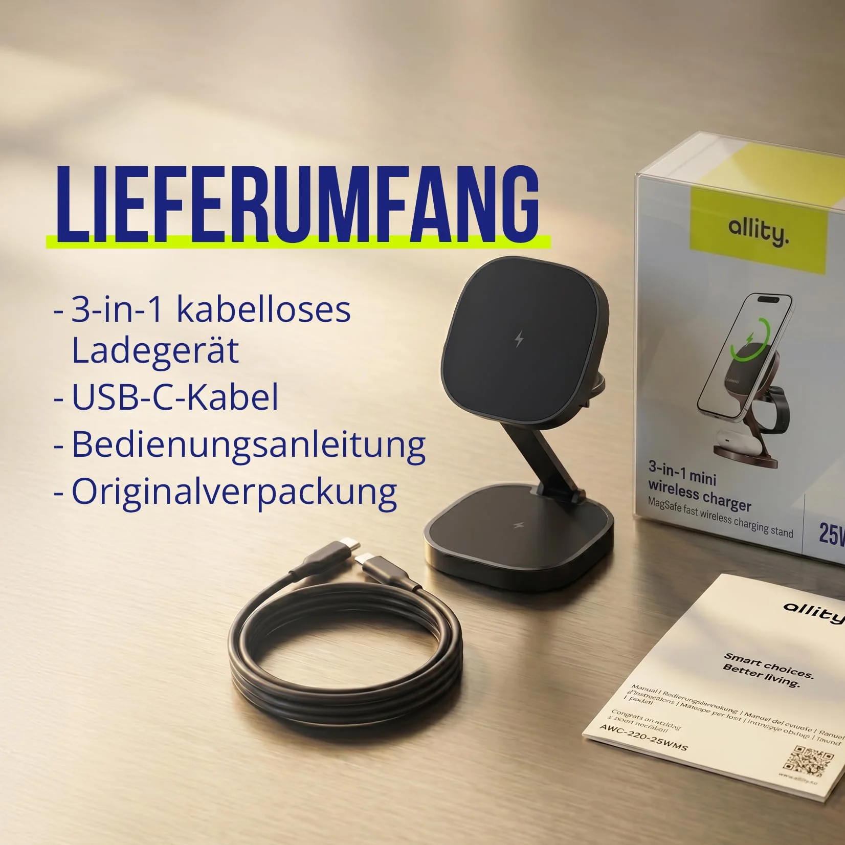 Ładowarka 3 w 1, 25 W, składana, bezprzewodowa stacja ładująca do iPhone'a, Apple Watch i AirPods, mini bezprzewodowa podstawka ładująca z diodami LED i USB-C – kompatybilna z Qi i MagSafe