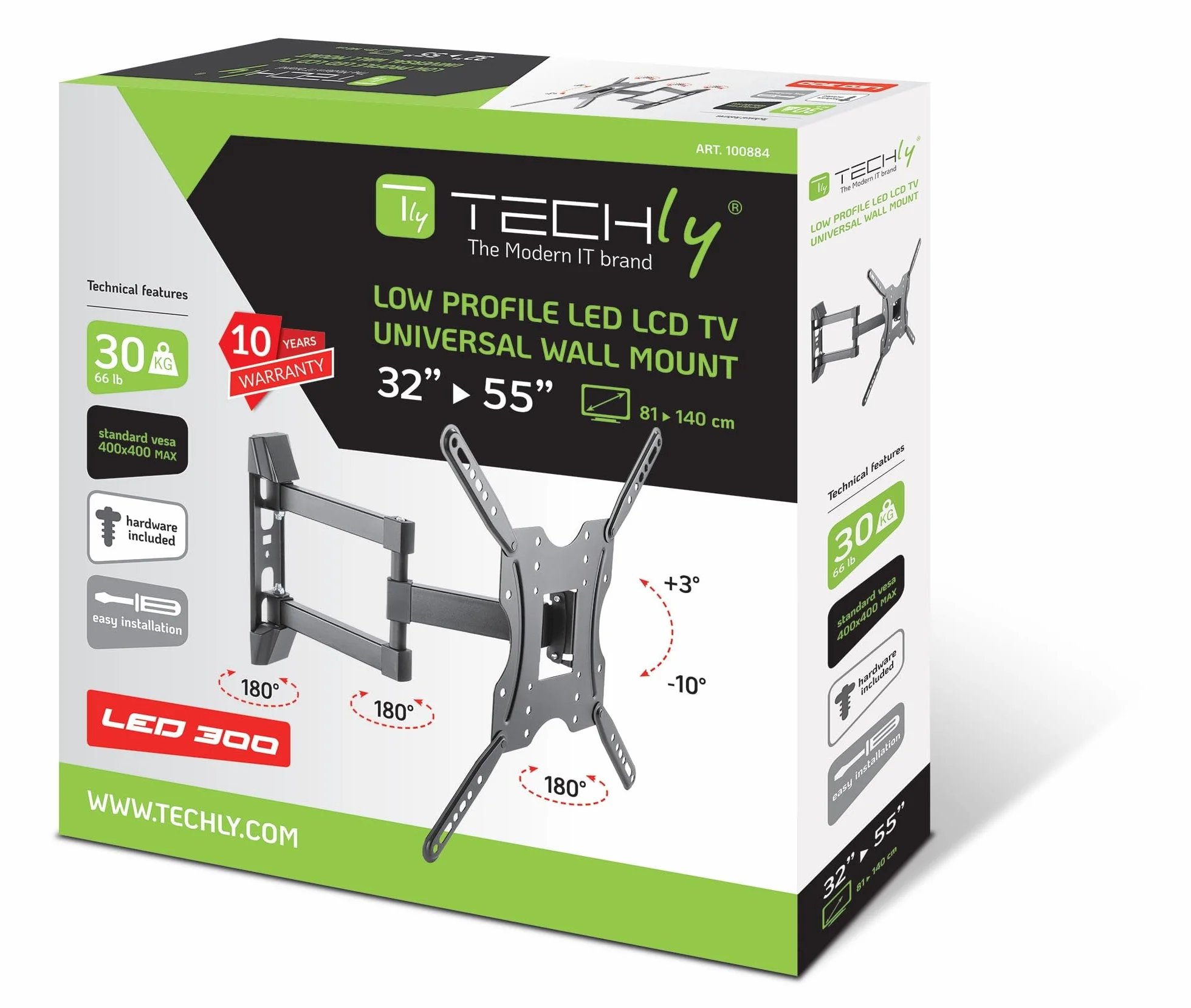Techly ICA-PLB 136E uchwyt ścienny z płaskim ekranem (30 kg, 81,3 cm (32 cale), 139,7 cm (55 cali), 100 x 100 mm, 400 x 400 mm, czarny)