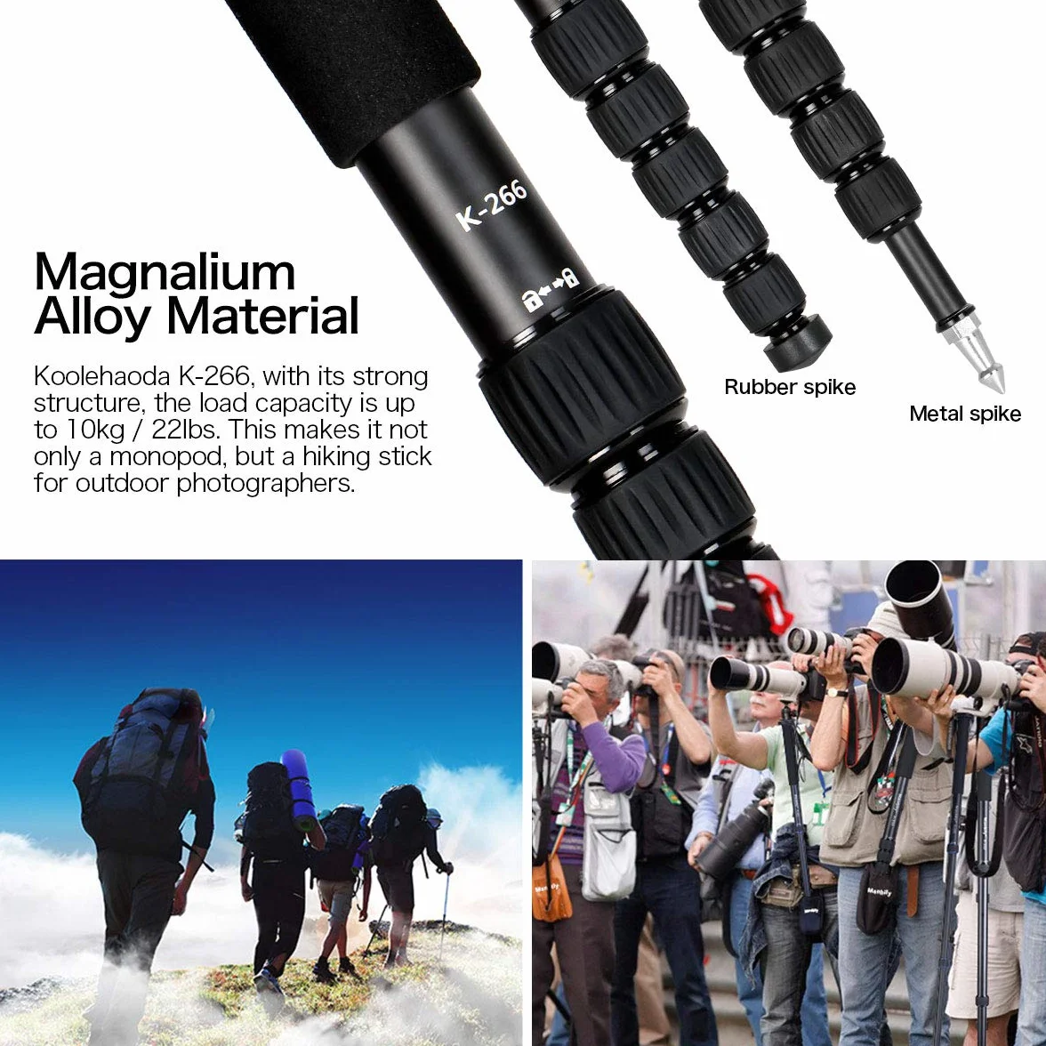 Koolehaoda Aluminiowy monopod do aparatu fotograficznego z metalową podstawą. 6 sekcji 42-177 cm, regulowana średnica nóg Φ28 mm, do 10 kg - czarny