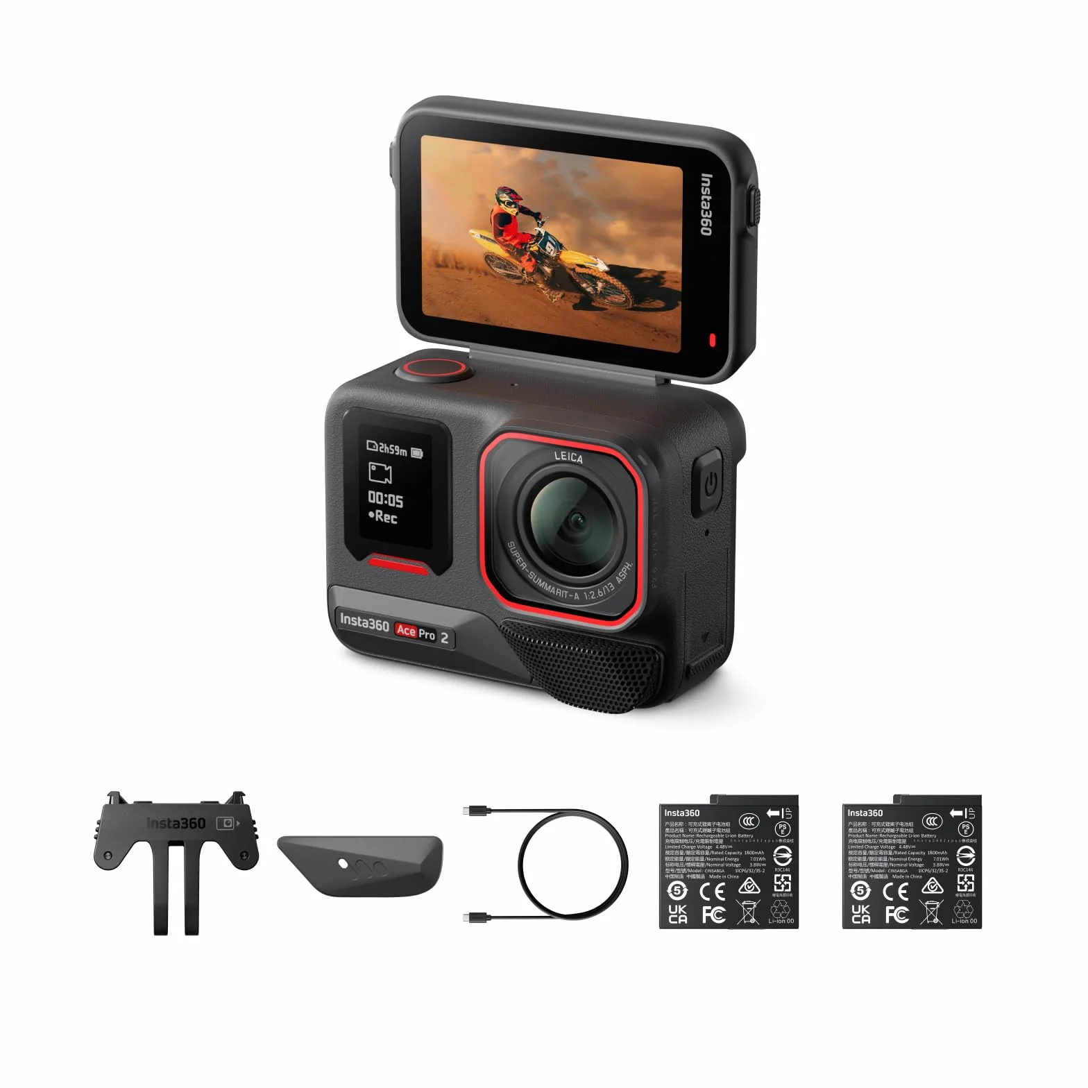 Insta360 Ace Pro 2 podwójny zestaw akumulatorów – 8K wodoszczelna kamera sportowa opracowana we współpracy z Leica, czujnik 1/1,3", chip Dual AI, jakość przy słabym świetle, rozszerzony dźwięk