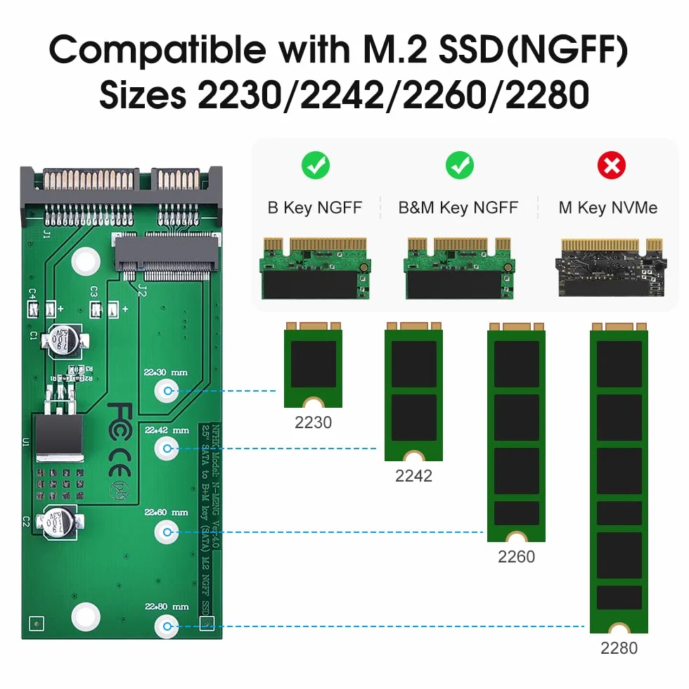 ELUTENG Adapter konwertera NGFF M.2 na SATA M.2 NGFF na 22-pinowy klucz na bazie karty SATA III B/B + M 2280 2260 2242 2230 mm SSD Super Speed 6 Gb/s do laptopa stacjonarnego