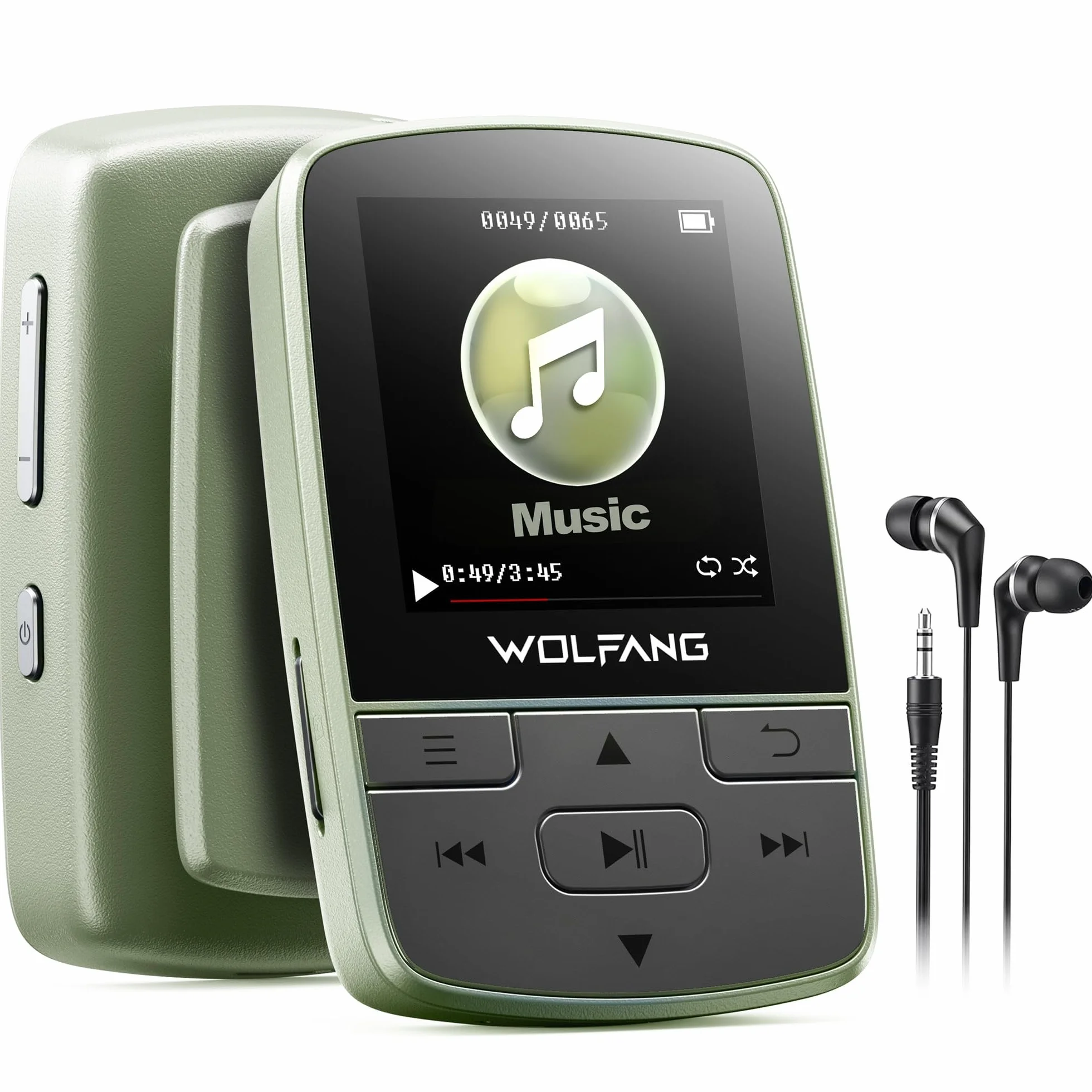 WOLFANG Odtwarzacze MP3 z Bluetooth 5.2, klips sportowy, mini rozmiar, waga 28 g, radio HiF FM, dyktafon, słuchawki w zestawie, Zieleń Wojskowa