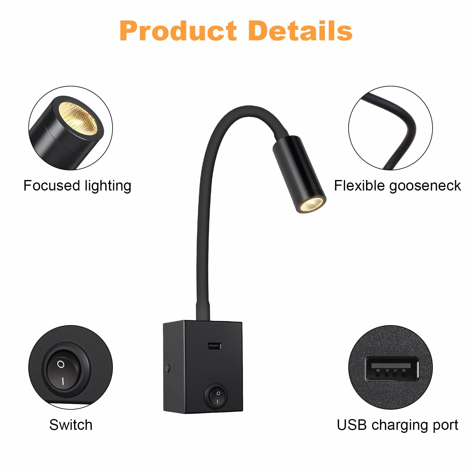 ERWEY LED Lampa ścienna do Czytania, Kinkiet 3W z Elastyczną Szyją 360° i Złączem USB do Sypialni, Ciepłe Białe światło 3000K, Czarny