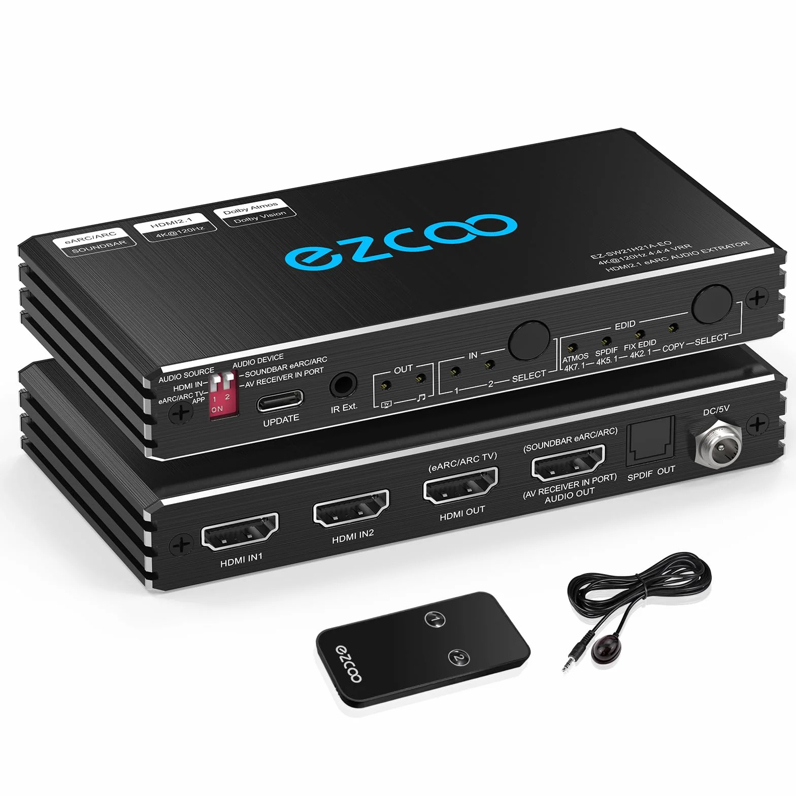 4K 120Hz HDMI 2.1 eARC Audio Extractor przełącznik 2x2 VRR ALLM HDCP2.3 ARC HDR10 CEC SPDIF optyczne wyjście audio IR pilot D-olby EDID dla PS5 XBOX NVIDIA AMD