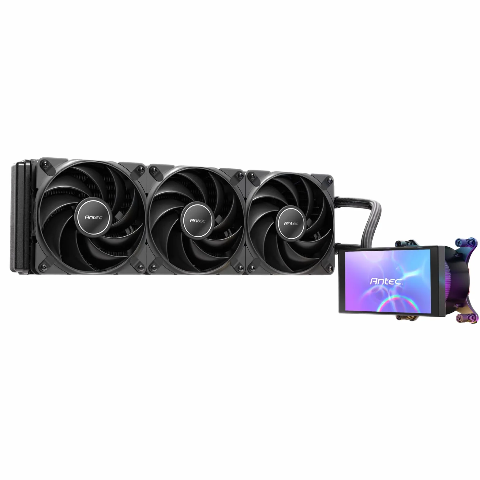 Antec Vortex View 360 AIO Liquid CPU Cooler, ekran IPS 12.7 cm, wentylatory PWM 3 x 120 mm, konfigurowalny wyświetlacz, pompa o wysokiej wydajności, obrotowy przegub kulowy, system podświetlenia RGB