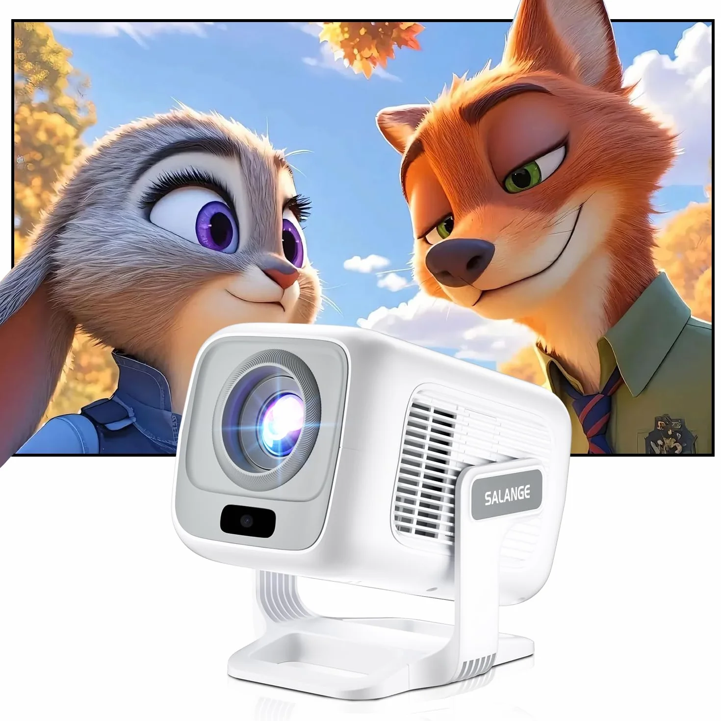 Smart Beamer, 4K FHD 1080p, przenośny projektor wideo, WiFi 6 i BT5.4, autofokus, automatyczny keystone, mini projektor z systemem Android 14.0, kino domowe, regulowana podstawka 180°, biały