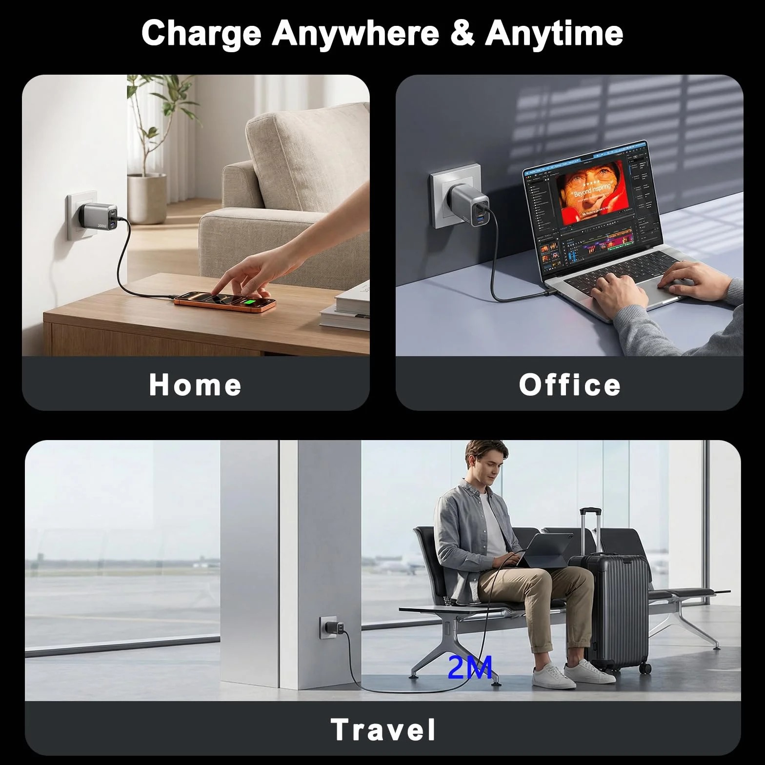 Ładowarka USB C 200 W, 3-portowa GaN Tech USB C, zasilacz PD+PPS, szybka ładowarka, ładowarka do laptopa, ładowarka do laptopa, adapter z kablem 2 m C-C, kompatybilna z MacBook Pro/iPhone 16 Pro Max