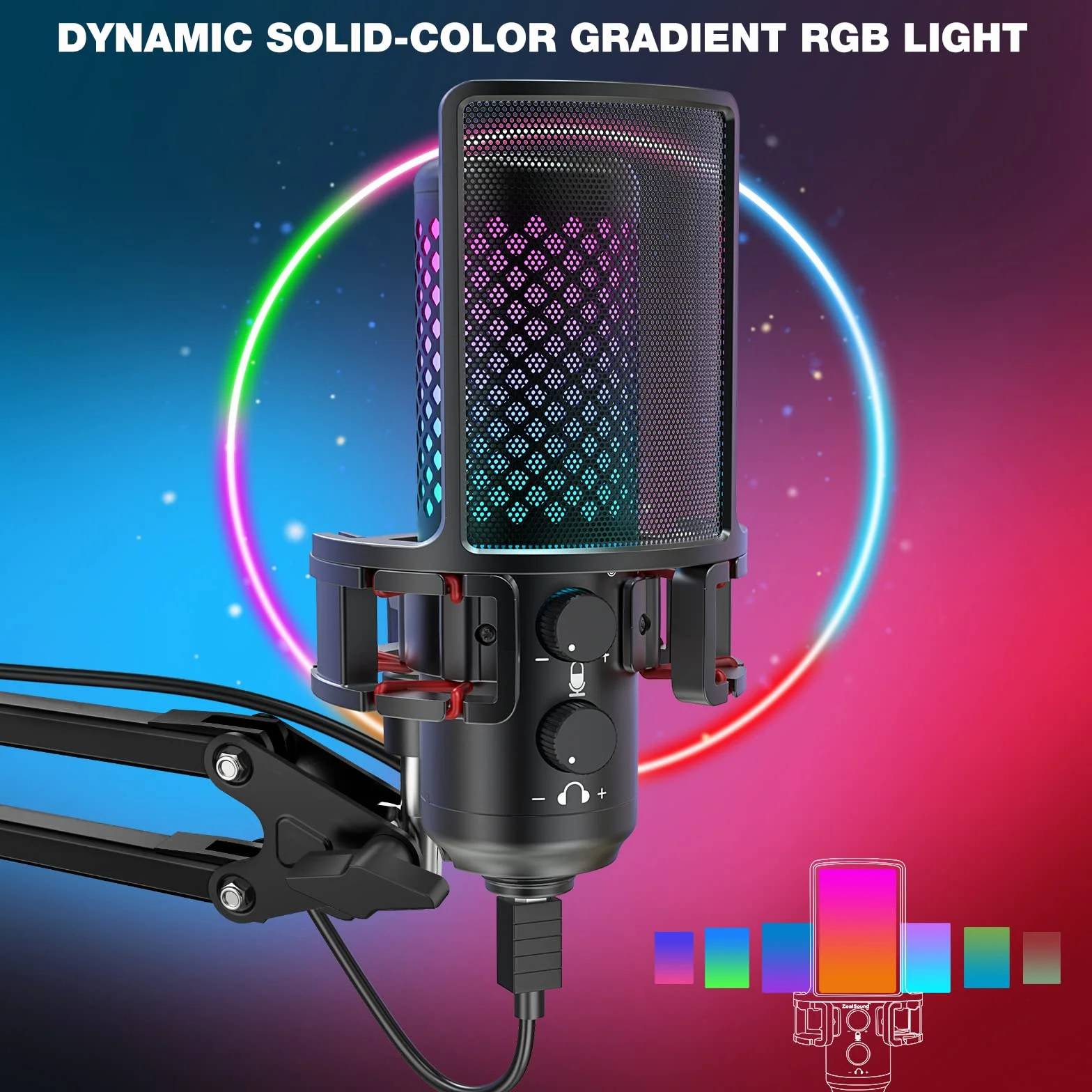zealsound Mikrofon do gier, mikrofon pojemnościowy RGB USB do PS4 i 5, PC SMARTFOE, z adapterem Lightning i typu C, filtr pop, pokrętło wzmocnienia do podcastów, strumieniowania, nagrywania, konstrukcji w całości metalowej, BKD12A