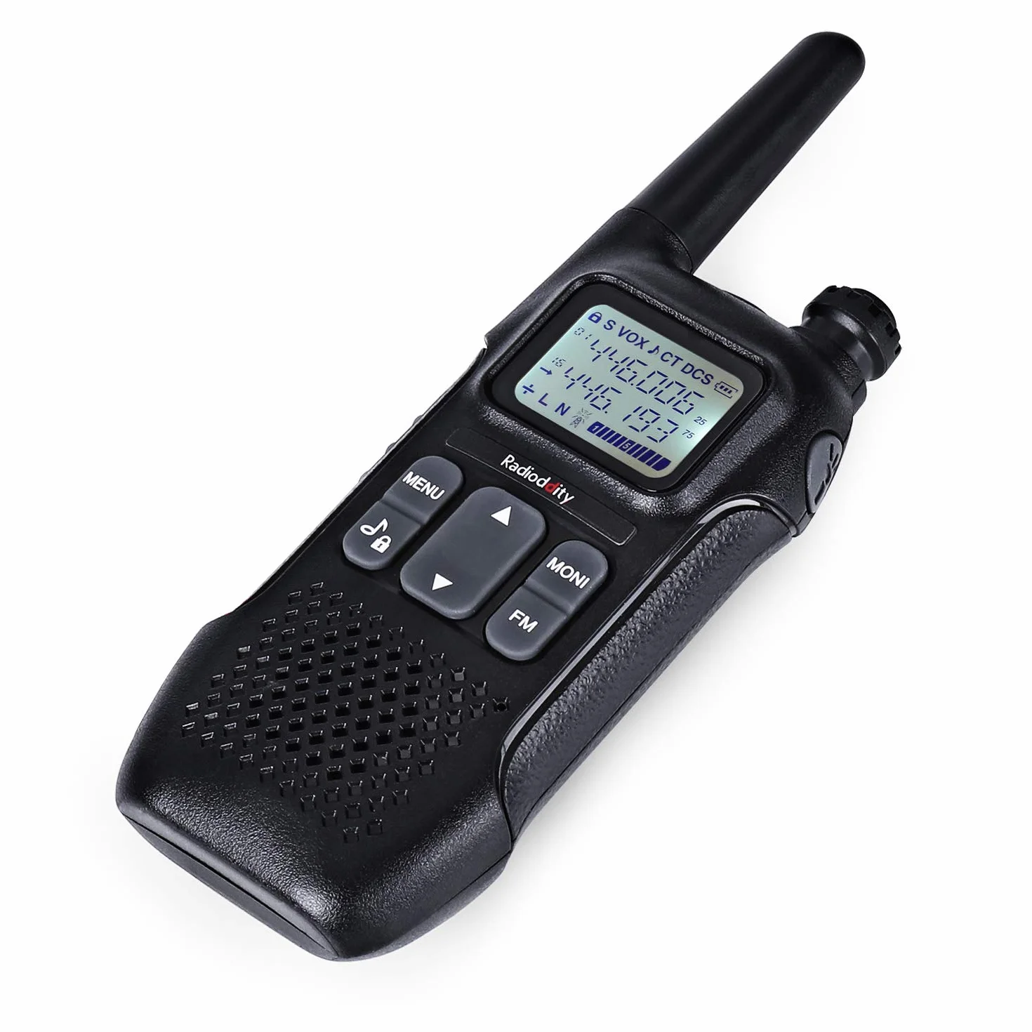 Radioddity PR-T1 PMR446 zestaw 4 krótkofalówek z wyświetlaczem LCD, zasięg 4 km, 16 kanałów, bez licencji, akumulator, kabel USB do ładowania, do aktywności na świeżym powietrzu, na kemping