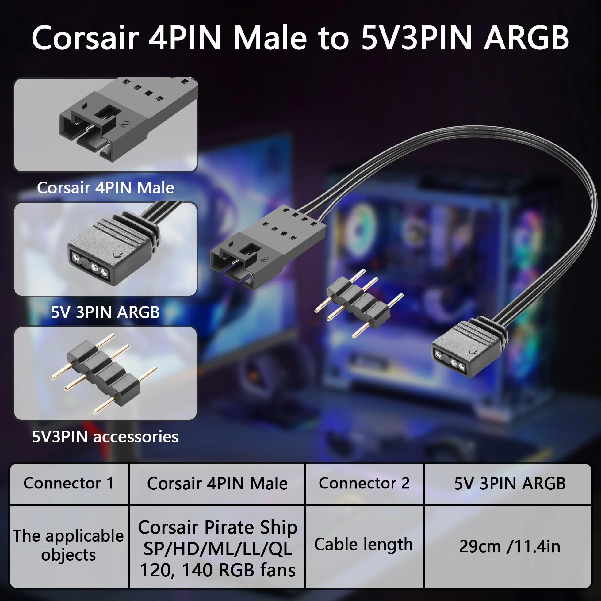 GINTOOYUN 2 szt. Corsair 4-pinowy na 3-pinowy kabel RGB - 30 cm do Corsair Pirate Ship SP/HD/ML/LL/QL120, 140 wentylatorów RGB