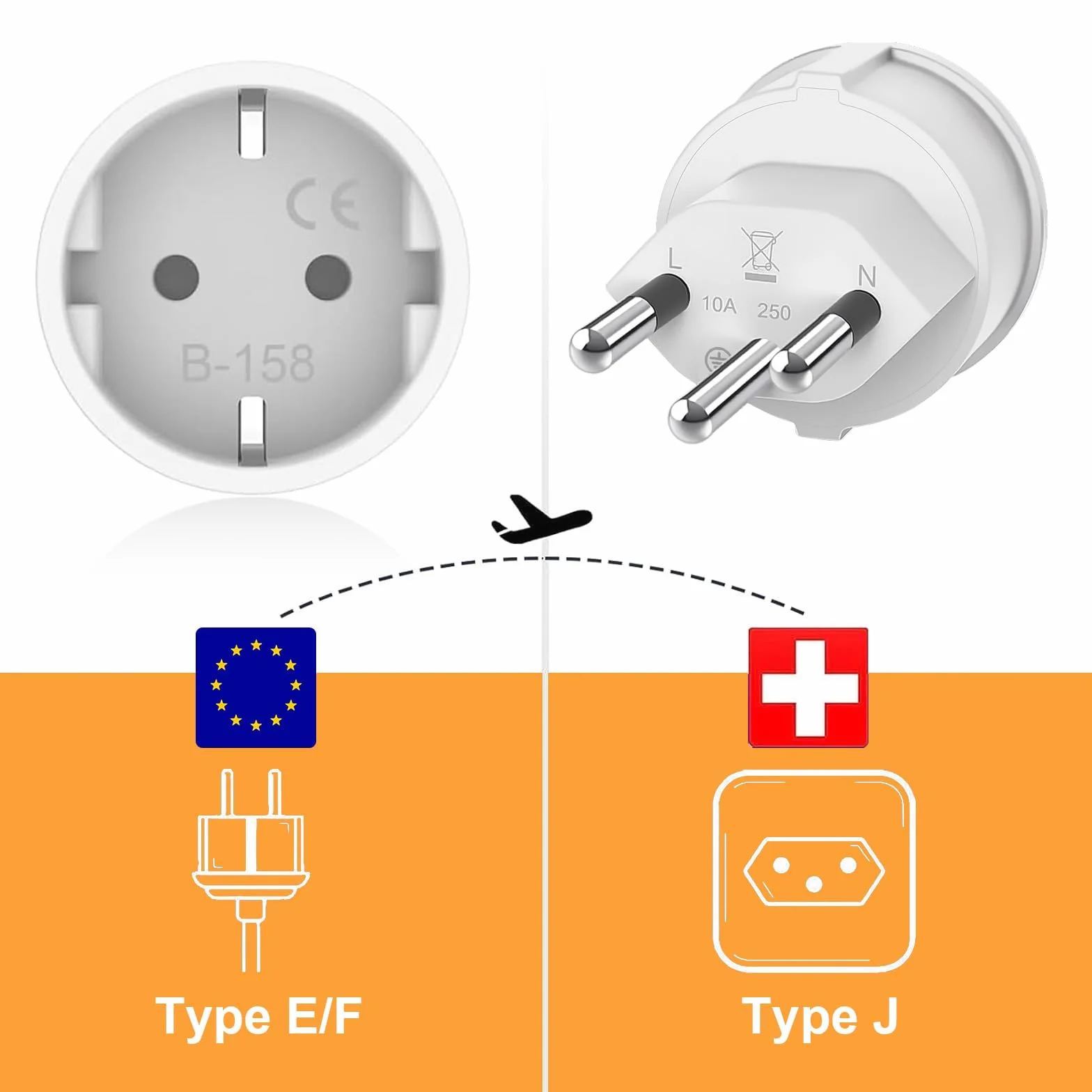 Adapter z wtyczką szwajcarską Francja Szwajcaria, 3 piny z Europy na 3 piny typu J, adapter podróżny z Francji na Szwajcarię, Malediwy, Rwanda, Liechtenstein