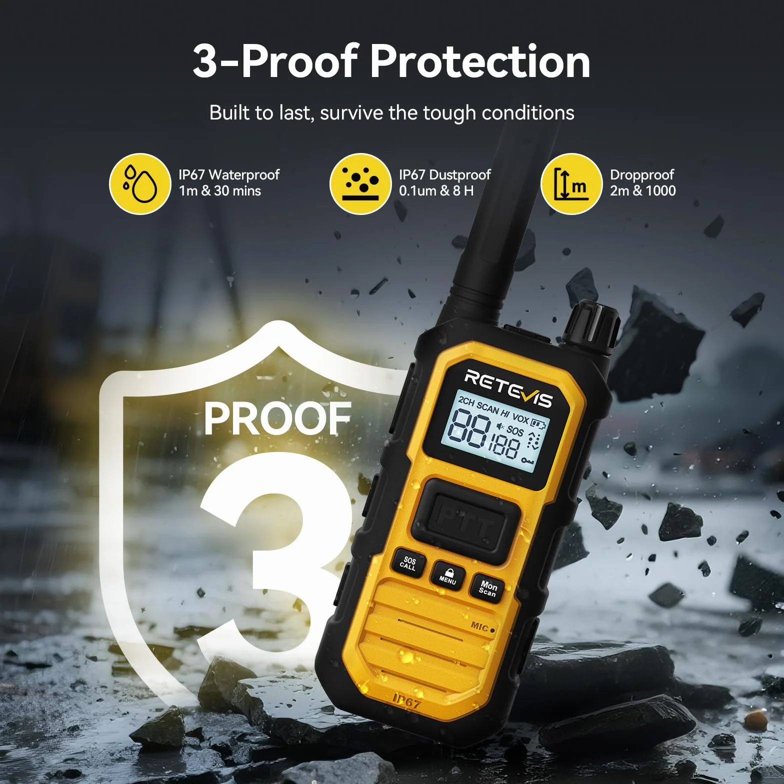 Retevis RB648 Plus Radiotelefony o Dużym Zasięgu, Wodoszczelne IP67 z 10-drożną ładowarką, 2000 mAh, Krótkofalówki dla Dorosłych z Czystym Dźwiękiem do Zastosowań Budowlanych (10 Szt., żółte)