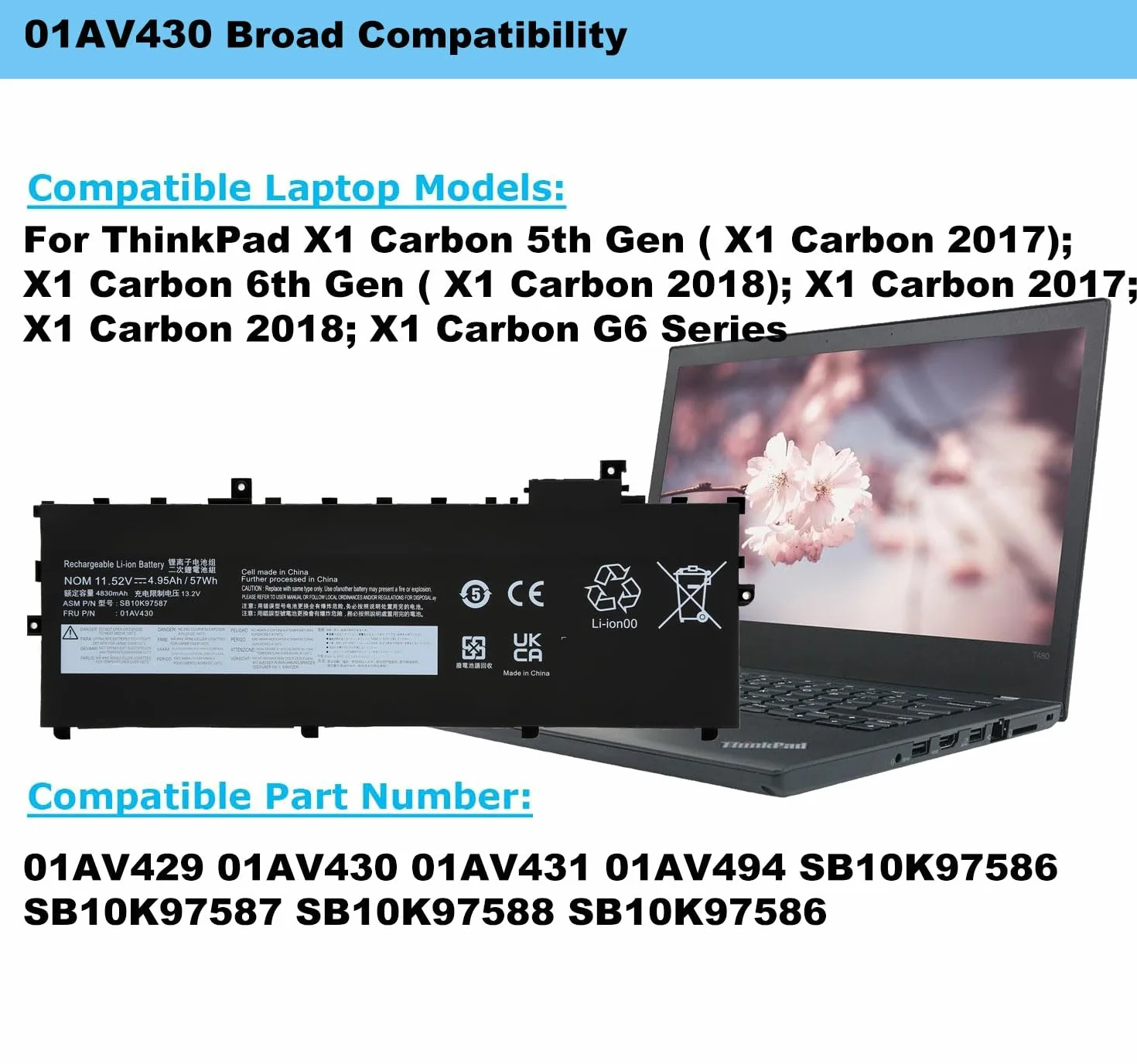 BLESYS 57Wh 01AV430 01AV494 Bateria do Lenovo Thinkpad X1 Carbon G6, 5th 6th Gen 2017 2018 seria 01AV429 SB10K97586
