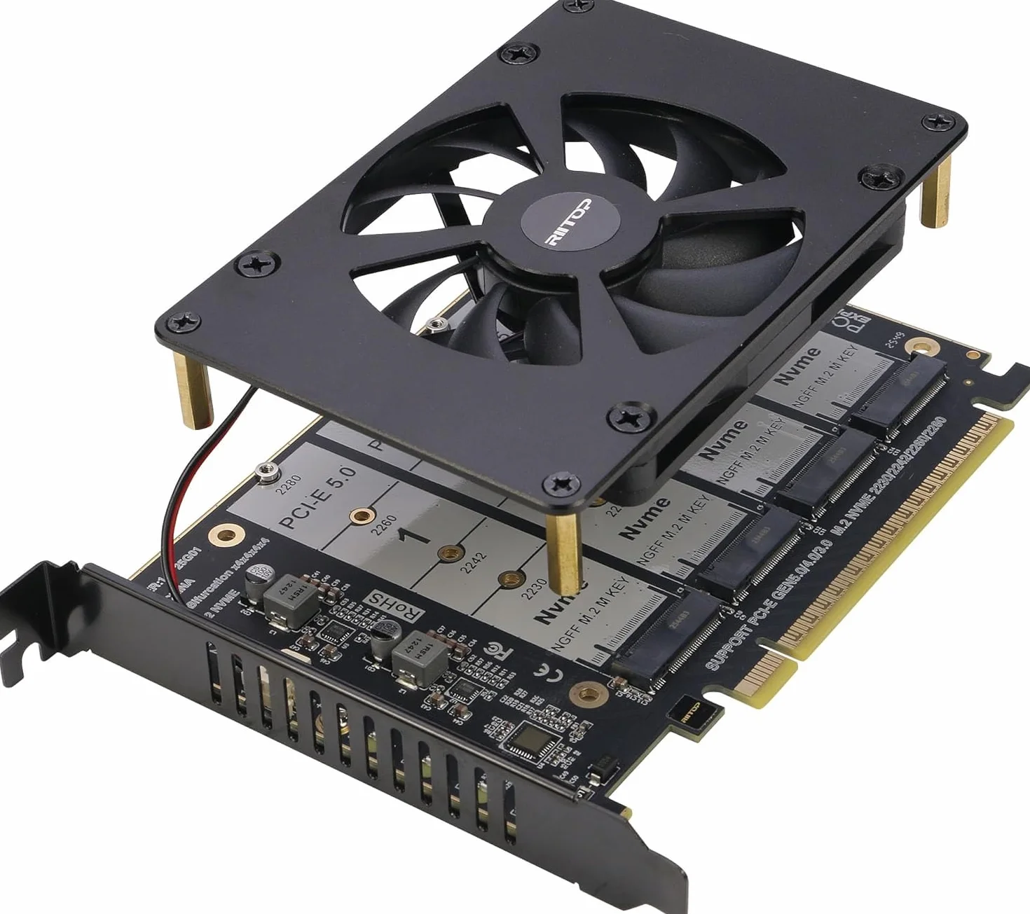 Quad NVMe PCIe 5.0 adapter z wentylatorem, RIITOP PCIe 5.0 x16 do 4X NVMe SSD (kompatybilny z płytami głównymi PCI-e Bifurkation)