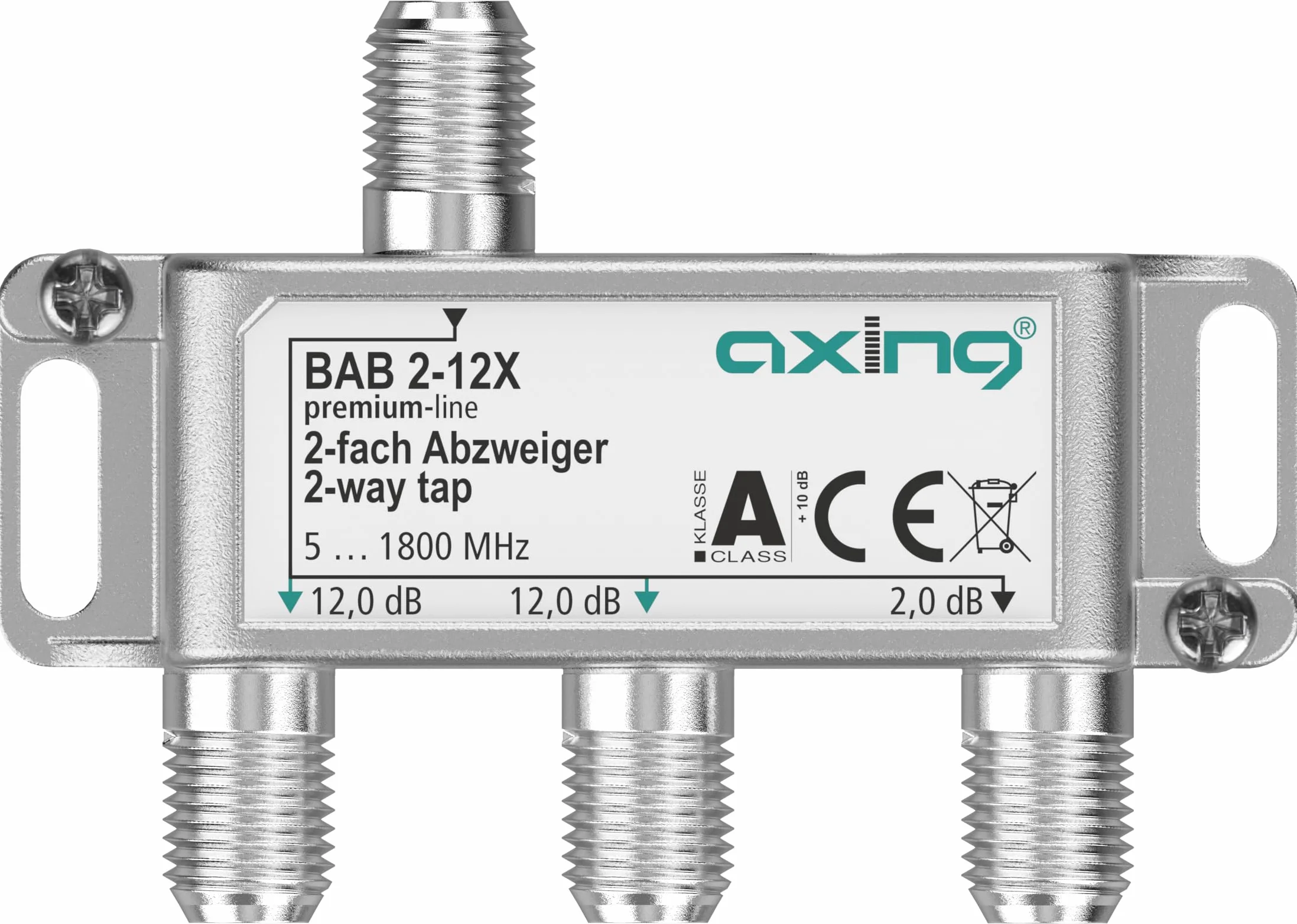 Axing BAB 2-12X 2-drożny rozgałęźnik 12 dB 5-1800 MHz TV Data Internet Telewizja kablowa