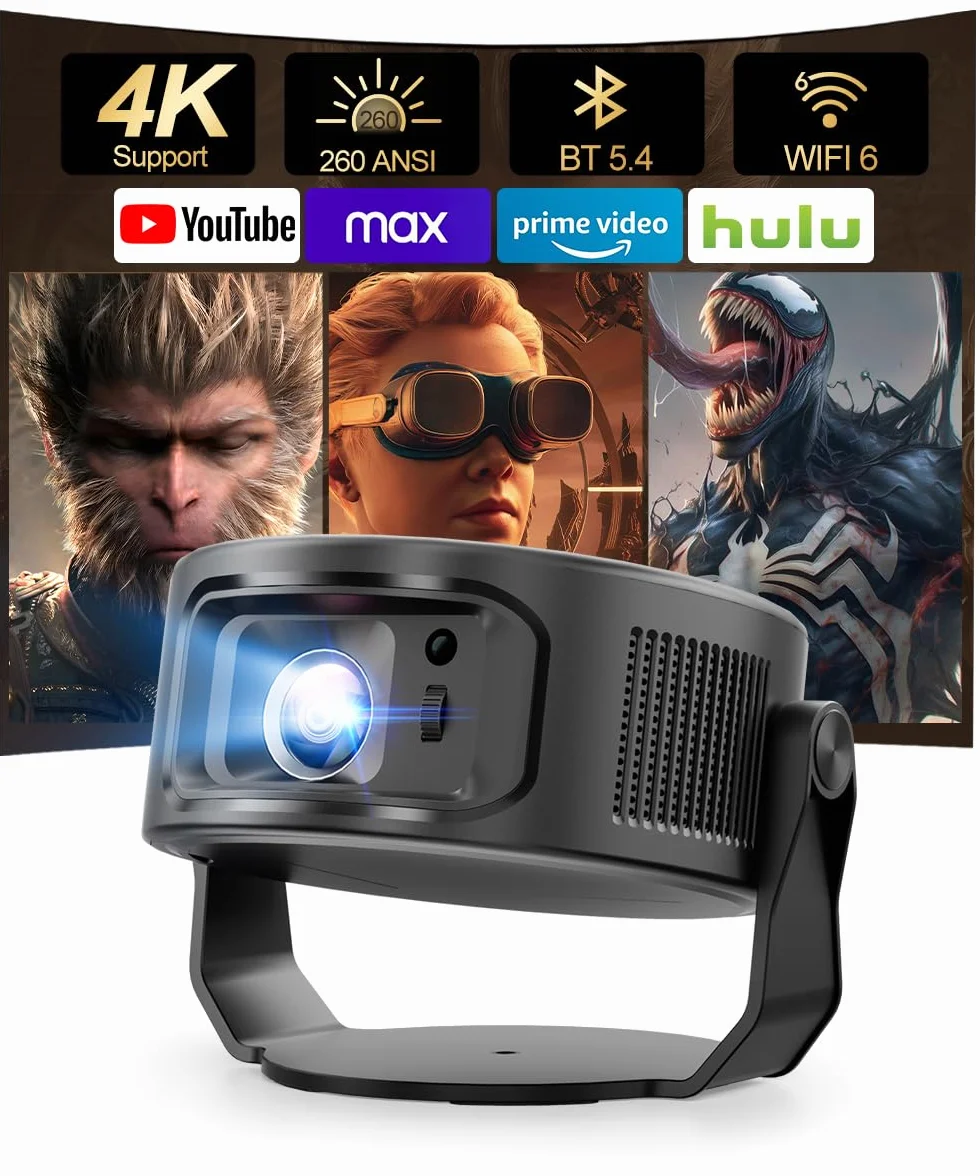 Magcubic Mini projektor 4K, 360°+35°, składany projektor dzielony, 260 ANSI Wi-Fi 6 i Bluetooth 5.4, automatyczna korekcja trapezu i ręczna regulacja ostrości do kina domowego