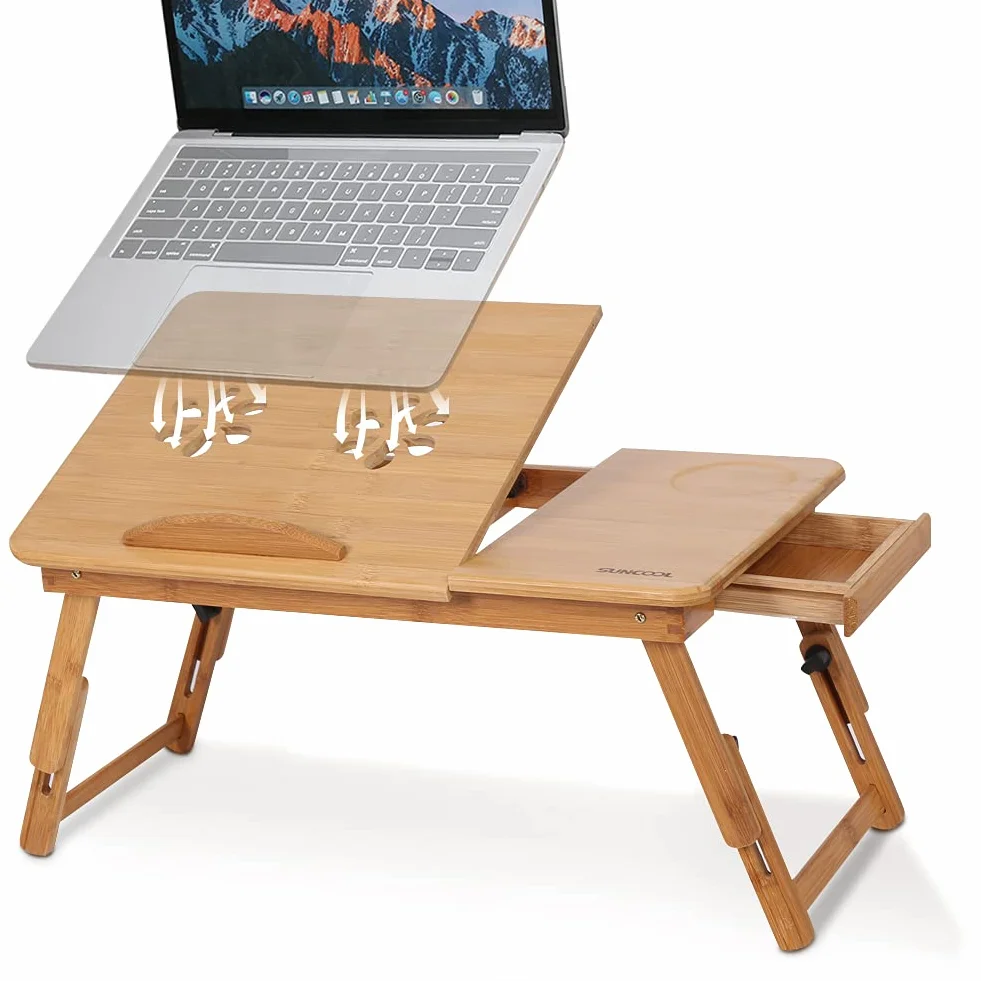 Bambusowe biurko na laptopa, składany stolik na laptopa, regulowana taca na laptopa biurko na kolana do laptopa śniadanie taca na łóżko z przegrodą szufladą kubek miejsce rowek otwory chłodzące,