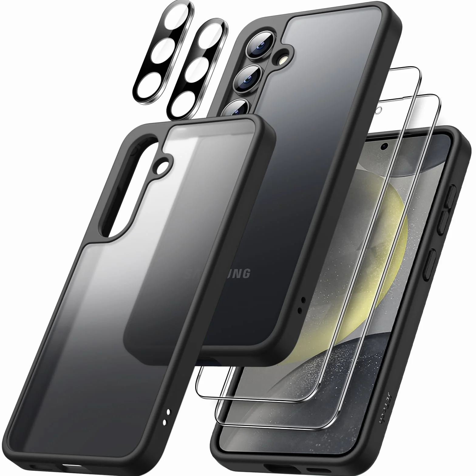 JETech 5 w 1 Etui Matowe dla Samsung Galaxy S24 5G z 2 Sztuki Ochraniacz Ekranu i Osłona Obiektywu Aparatu, Półprzezroczysta Tylna Ochronna Osłona, Szkło Hartowane Film (Czarny)