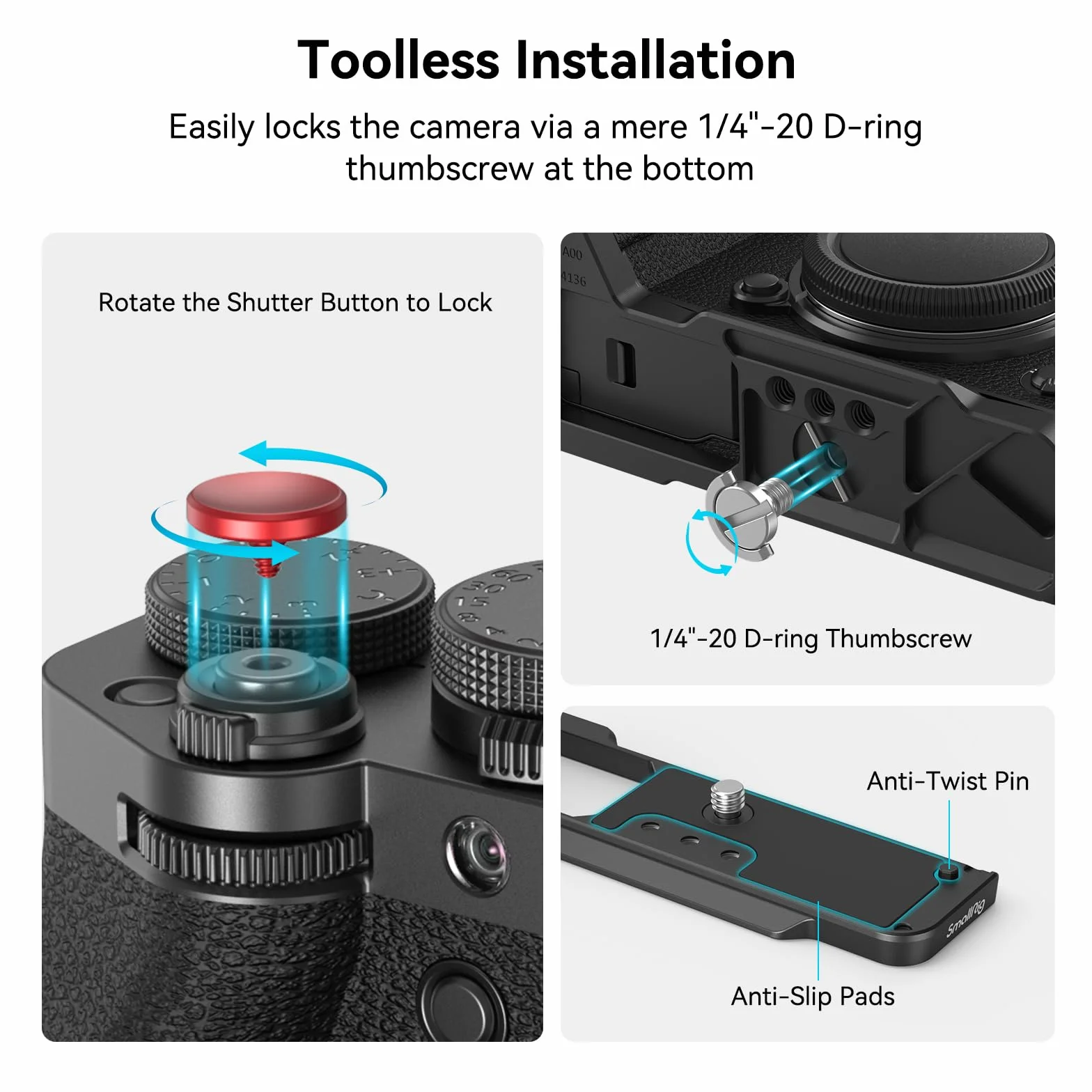 SMALLRIG X-T5 L-Shape Grip L-bracket dla Aparatu FUJIFILM X-T5, Wbudowana Płytka Szybkiego Uwalniania Aparatu dla Arca, Otwory 1/4"-20, Ergonomiczny Silikonowy Uchwyt, Przycisk Migawki (Czarny) - 4260