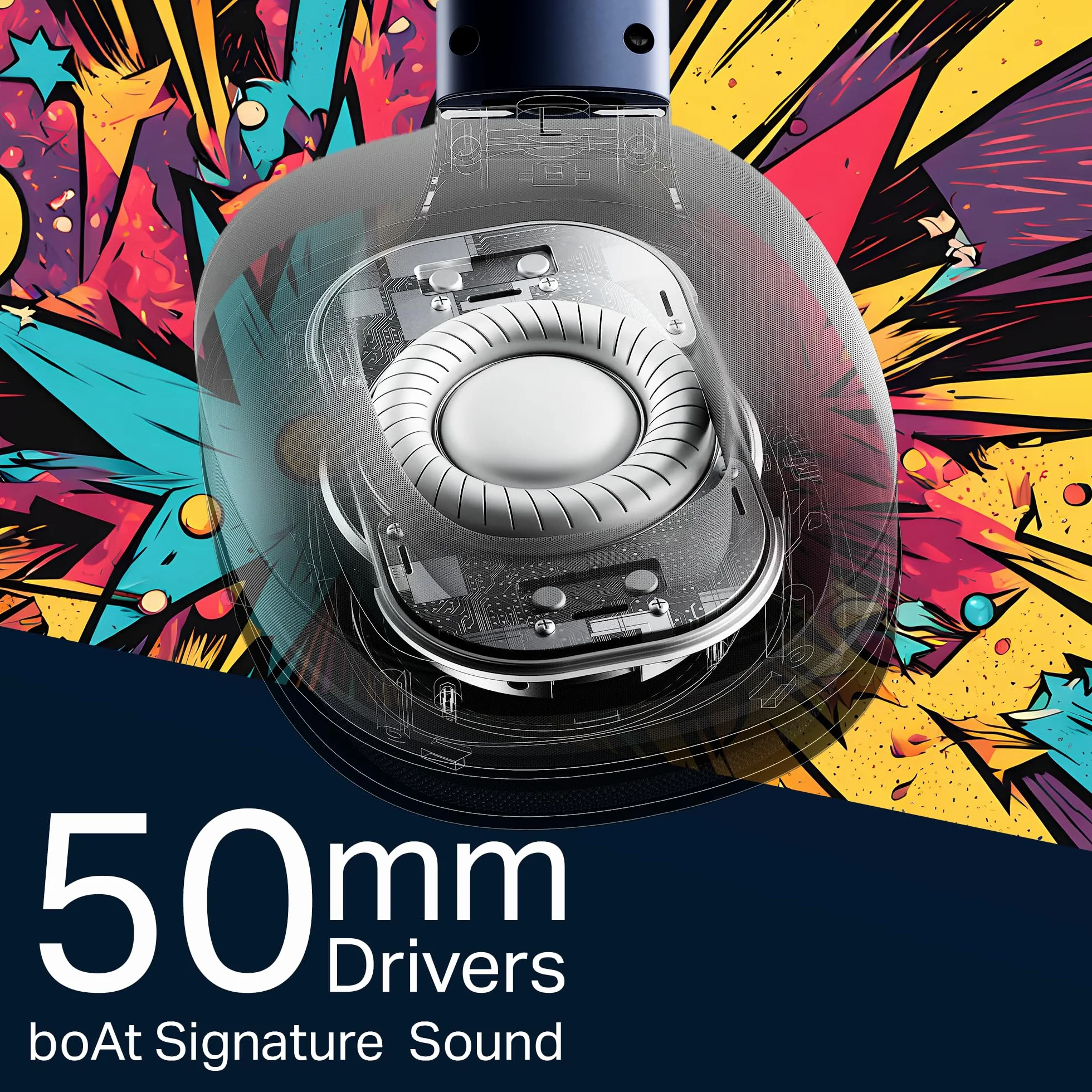 boAt Rockerz Bezprzewodowe słuchawki Bluetooth 550 Plus, bateria 100 H, sterowniki 50 mm, podwójne parowanie, konfigurowalne nauszniki, obsługa aplikacji do muzyki bez reklam (niebieska psychika)
