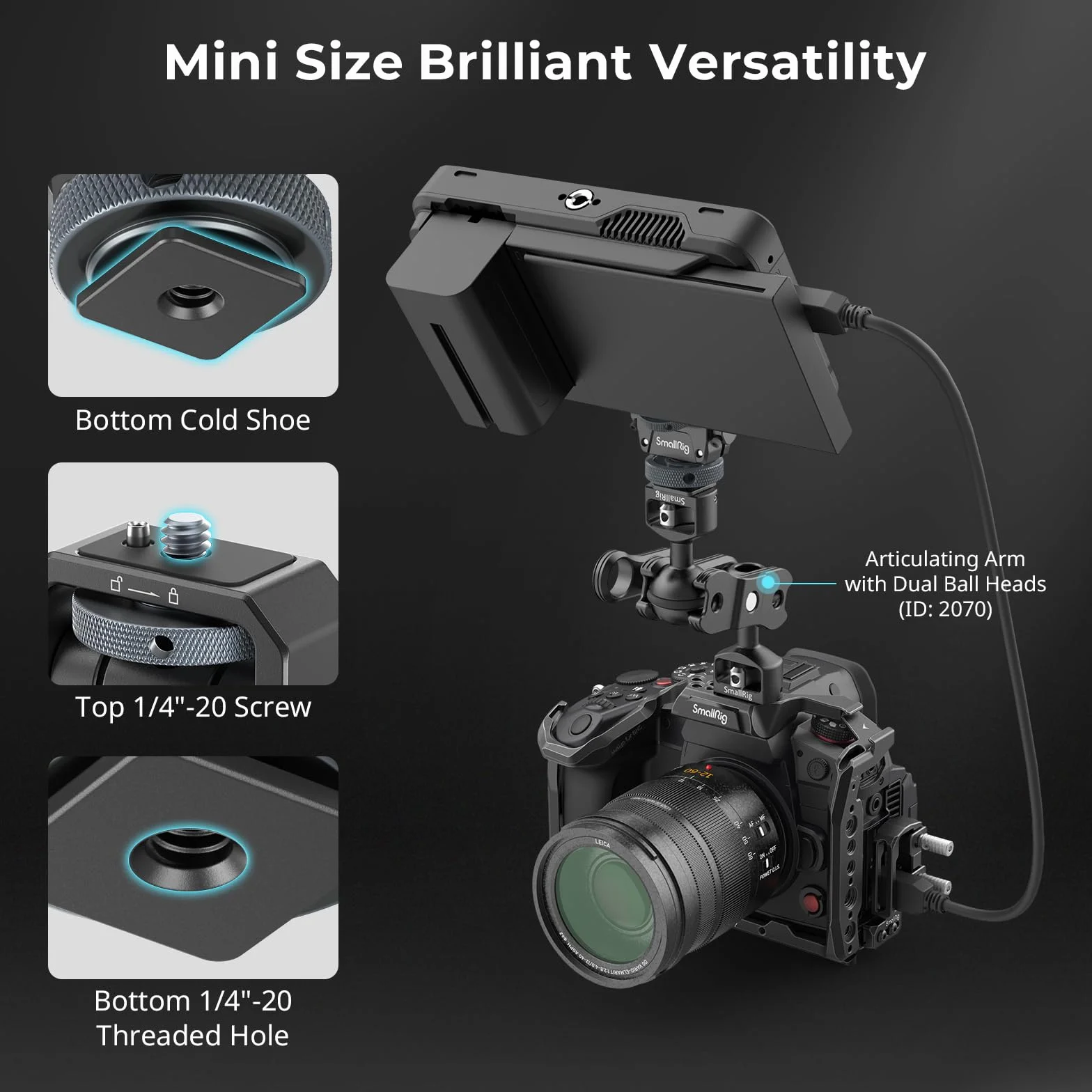 SMALLRIG Camera Monitor Mount Lite z zimną stopką, obracanie 360 ° i pochylenie 180 ° do monitora polowego, LED, lampa błyskowa, maksymalna nośność 90 ° pochylenie 3,2 kg - 3809