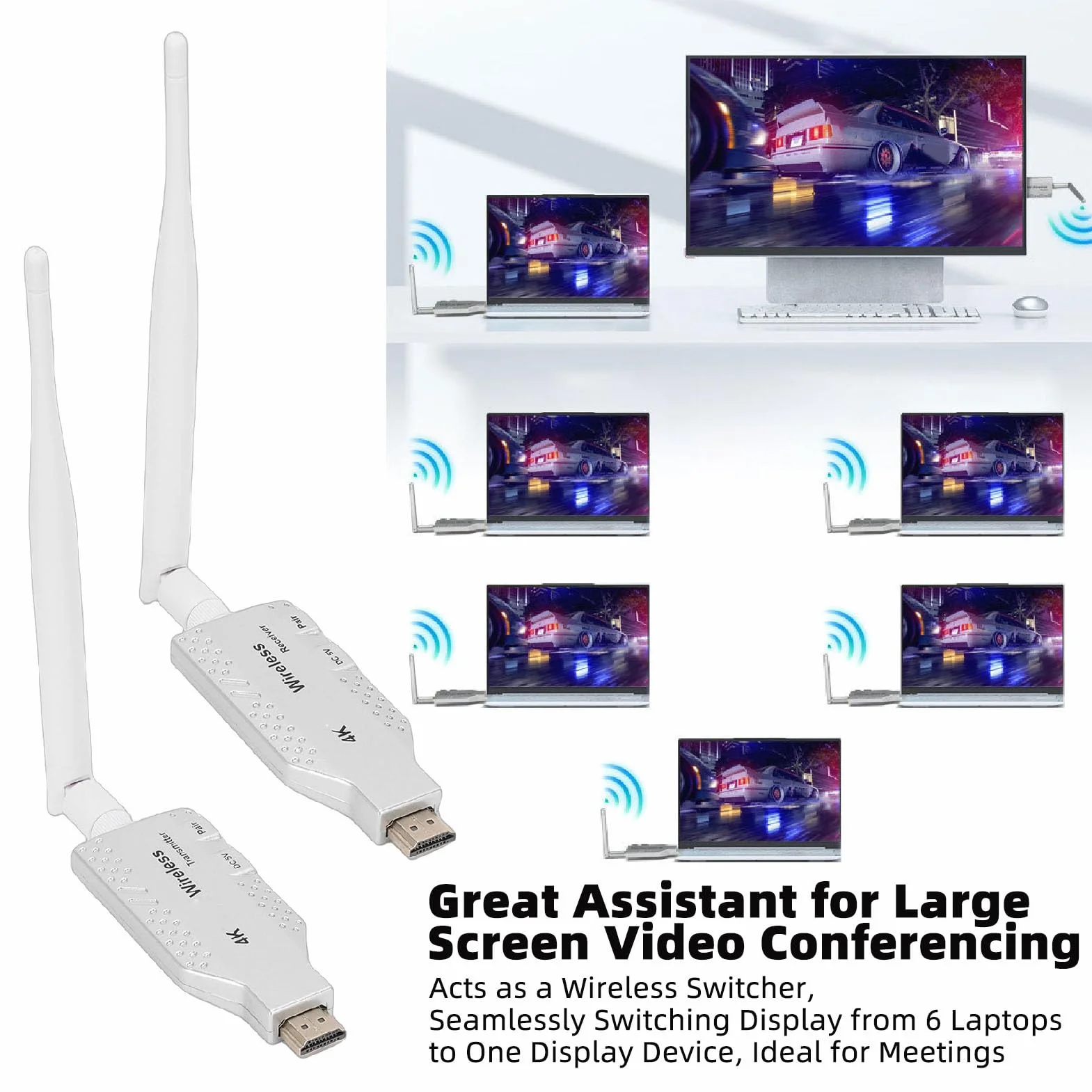 Cuifati Bezprzewodowy Przedłużacz 4K Nadajnik i Odbiornik Zasięg 50M Strumieniowe Przesyłanie Wideo HD 5,8 GHz z kompresją H.265 do Gier w Kinie Domowym