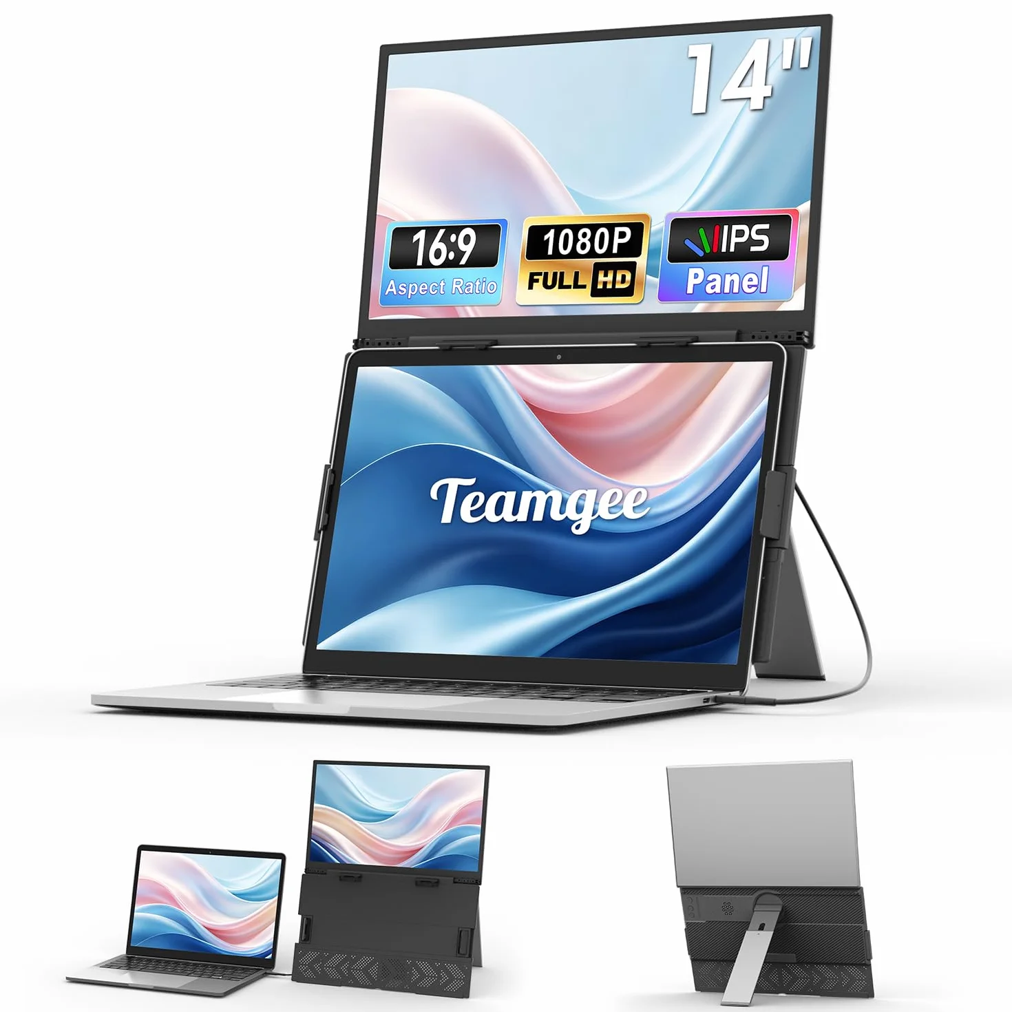 Teamgee Przedłużacz ekranu laptopa 35.6 cm, 1080P FHD IPS przenośny monitor do laptopa, Plug & Play, podwójny ekran, współpracuje z laptopami 33.0 cm-43.2 cm dla Mac Windows Chrome
