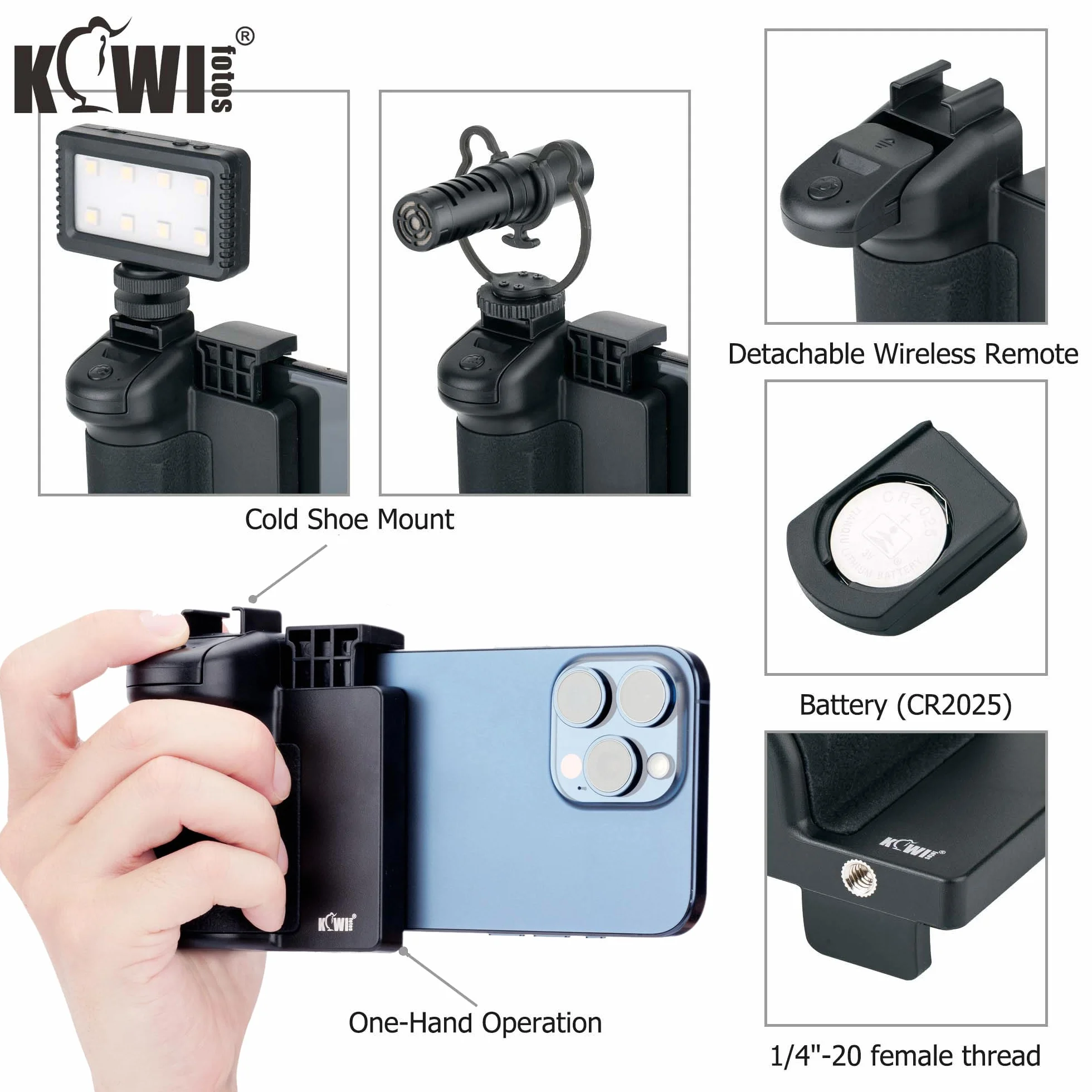 KIWIFOTOS Pilot zdalnego sterowania do smartfona ze stabilizatorem uchwytu do selfie vlog wideo kompatybilny z iPhone 14 13 12 11 XS X XR 8 + 8 7+ 7 6S+ 6S Galaxy Mate MI PIXEL o szerokości 59-85 mm