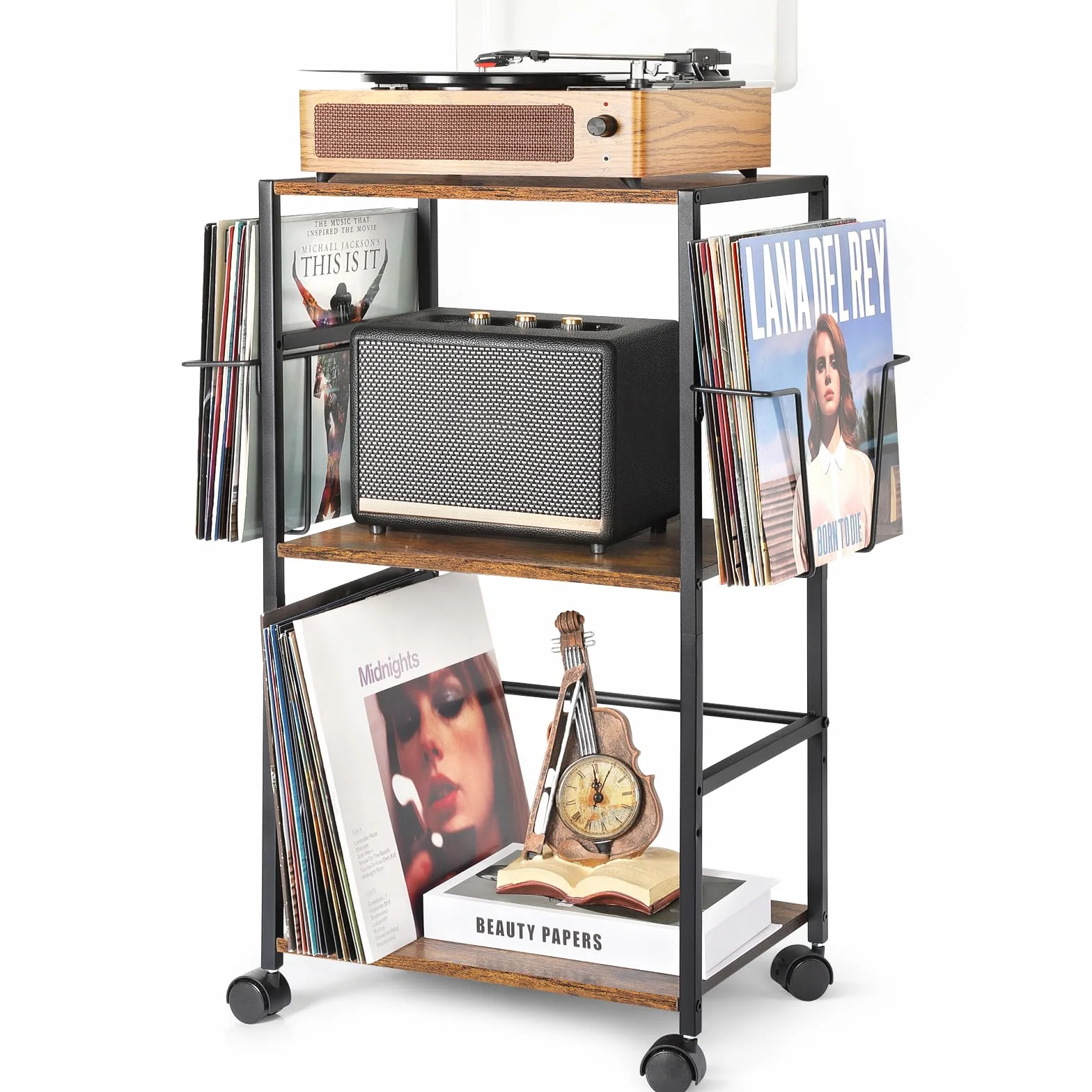 Przechowywanie płyt Winylowych,Stół Boczny na Kółkach ze Stojakiem na Gramofon Koszyk na Stolik Końcowy Rekordzista Do 150 Albumów Stojak na Gramofon z Wyświetlaczem na 2 Winyle | Wózek obrotowy z 2 półkami ekspozycyjnymi, łatwy dostęp do płyt LP, zamykan