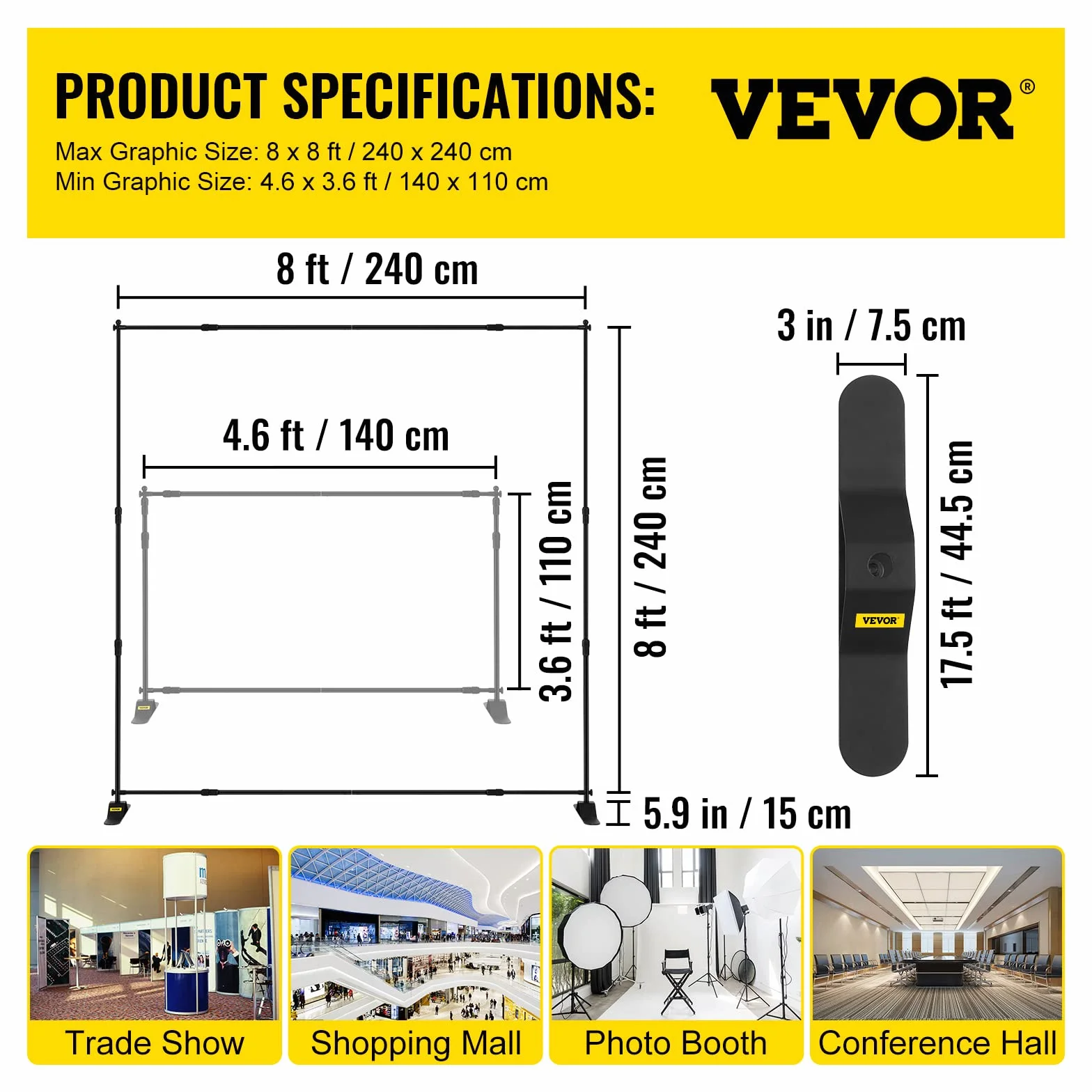 VEVOR Uchwyt teleskopowy na dno rurki, maksymalnie 240 x 240 cm, DM-ABS, system tła, czarny, aluminiowy uchwyt, nadaje się na imprezy świąteczne, wieczorne wyjścia
