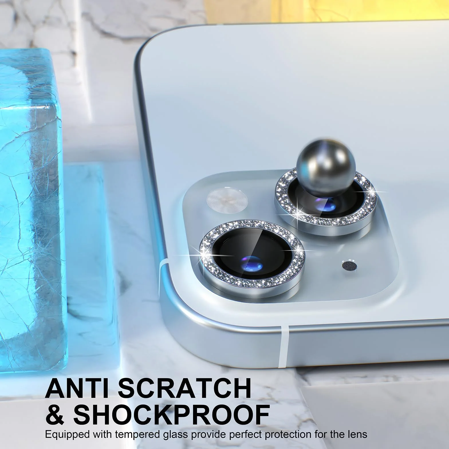 Choiche Osłona obiektywu aparatu kompatybilna z iPhone 15 iPhone 15 Plus brokat srebrny | Bling, szkło hartowane 9H, osłona ekranu aparatu, metalowa dekoracja pierścienia, akcesoria