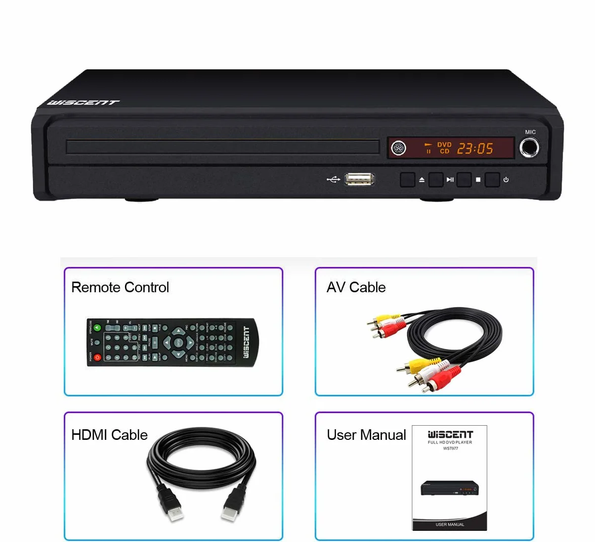 Odtwarzacz DVD do TV, DVD/CD, MP3 z wtyczką USB, wyjście HDMI i AV (kabel HDMI i AV w zestawie), pilot (bez Blu-Ray)