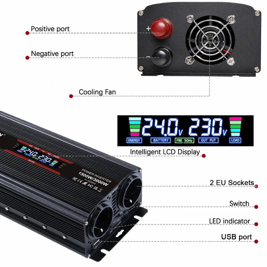LVYUAN Przetwornica napięcia 24 V 230 V 1500 W/3000 W, przetwornica prądu z 4 bezpiecznikami, ekran LCD, 2 gniazda europejskie, wentylator i złącza USB 5 V, w zestawie wtyczka zapalniczki samochodowej, kolor czarny