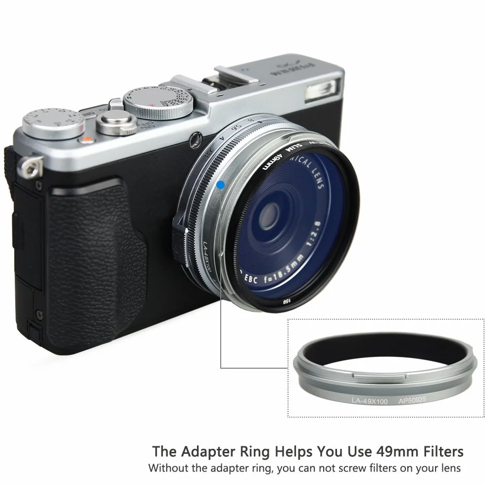 JJC Adapter obiektywu i osłona przeciwsłoneczna do Fujifilm FinePix X100VI, X100V, X100F, X100S, X100T, X100, X70 zastępuje Fujifilm LH-X100 osłona przeciwsłoneczna, srebrna
