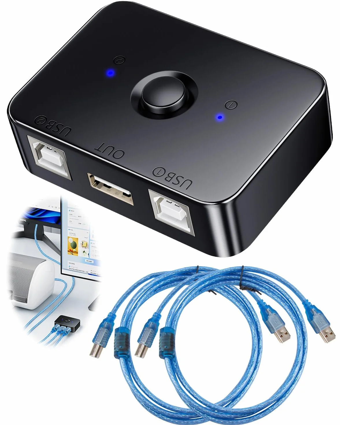Przełącznik USB 2.0 do udostępniania drukarki 2 szt. 1 x ręczna drukarka USB z adapterem LED Plug & Play z 2 przewodami o długości 1,5 m, kompatybilny z Windows, macOS
