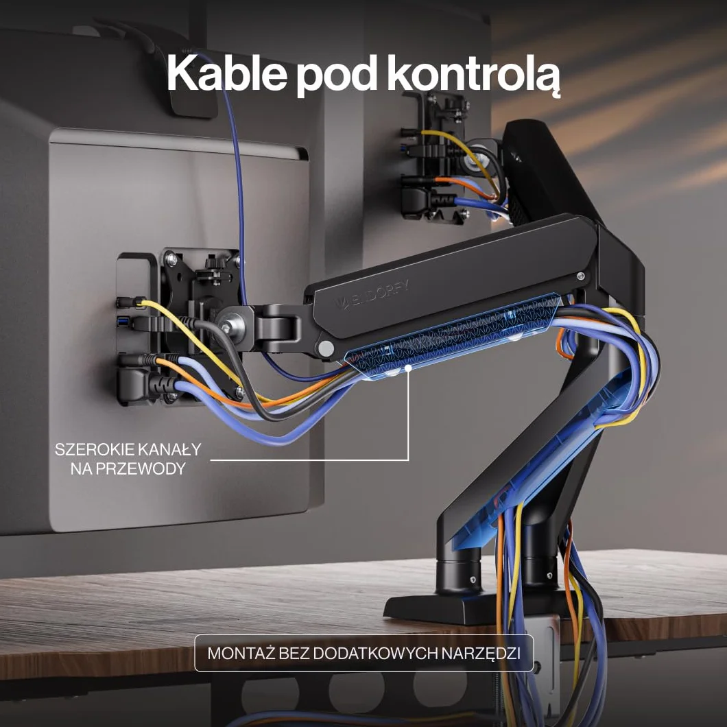 ENDORFY Atlas GS Double, Podwójne Gazowe Ramię do 2 Monitorów 13-32", Udźwig 2x10 kg, Regulowany Uchwyt Biurkowy VESA 75x75/100x100, Funkcja Pivot 180°, System Zarządzania Kablami, Czarny