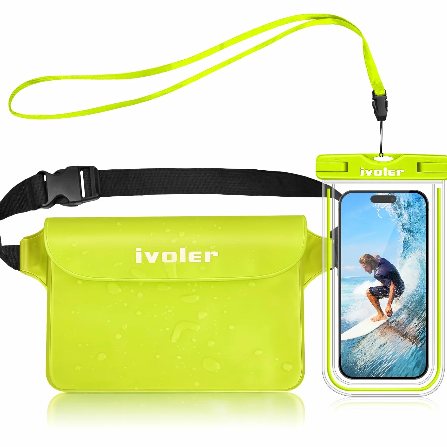 ivoler Wodoodporna torba +etui na telefon, wodoodporna torba na plażę, do pływania, pływania łodzią, kajakiem, wędrówek, ochrony telefonu, gotówki, paszportu, dokumentu przed wodą-Cytrynowa zieleń