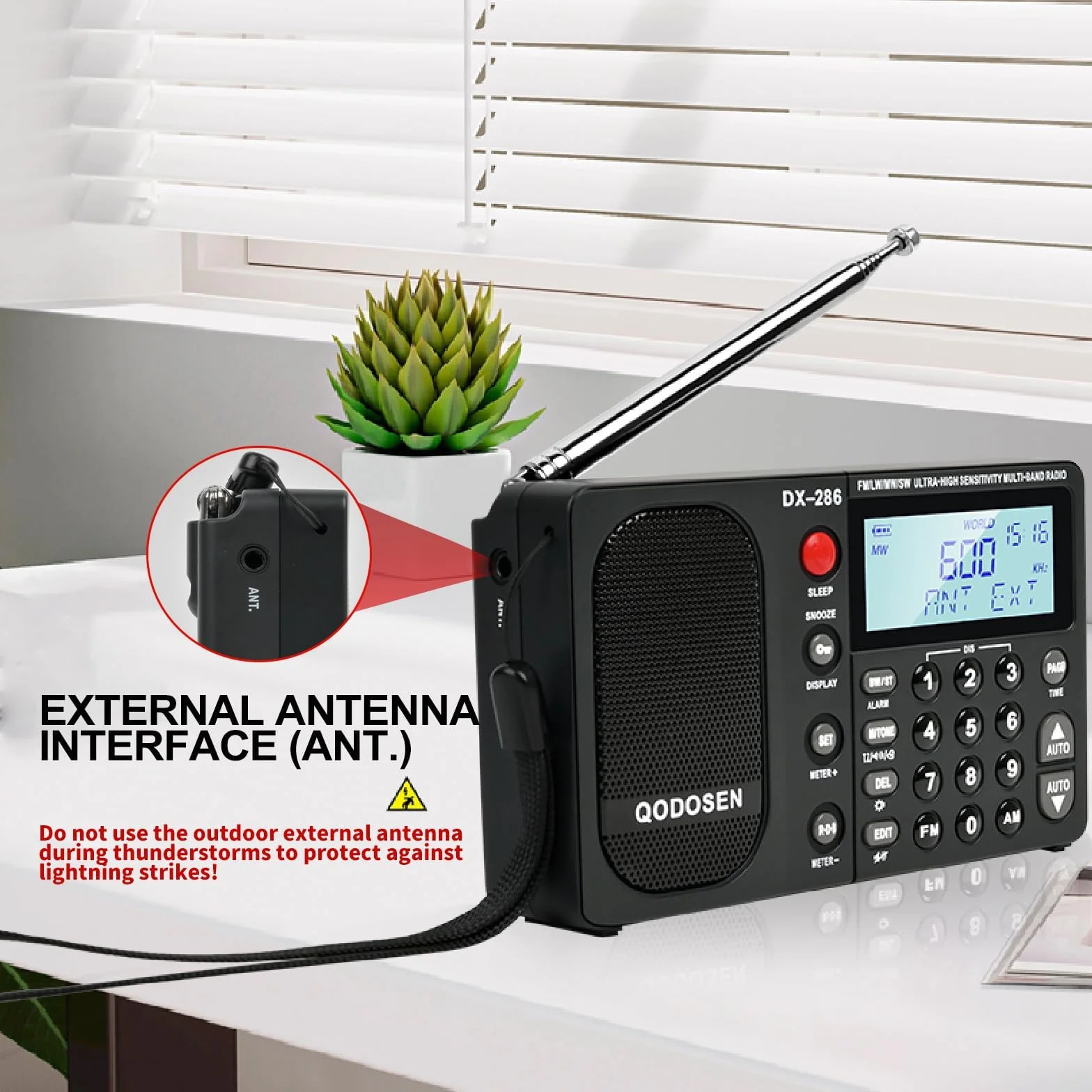 DX-286 Przenośne krótkofalowe radio FM Stereo/AM/LW/SW, pełnozakresowe radio o bardzo wysokiej czułości z chipem TEF6686, wyświetlacz LCD budzik RDS i akumulator 18650 (czarny)