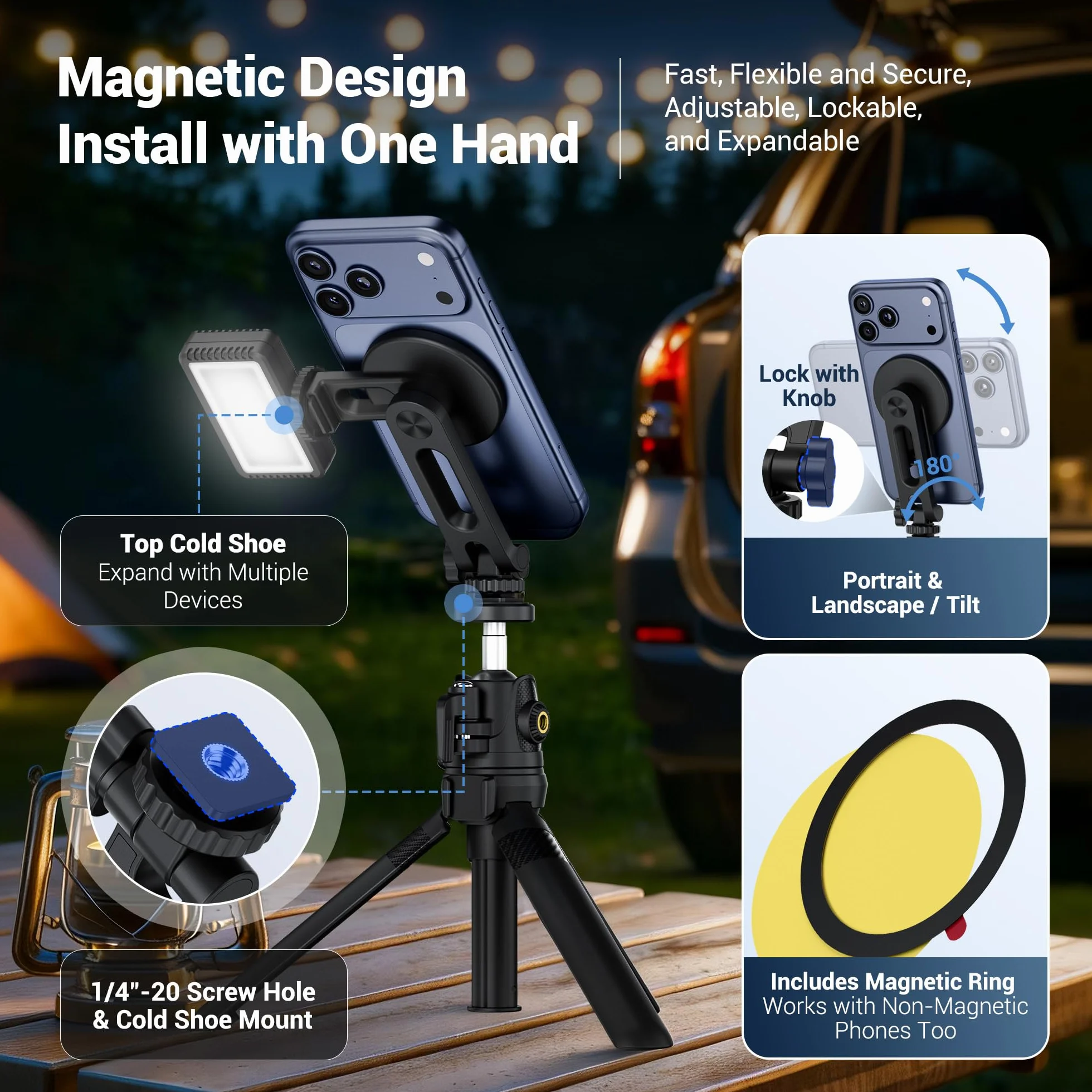 JJC Magnetyczny uchwyt na statyw do telefonu iPhone 17 16 15 14 13 Pro Max Min, nachylenie 180° przenośny stojak na smartfon na aparacie z zimną stopką i śrubą 1/4 cala do mikrofonu LED