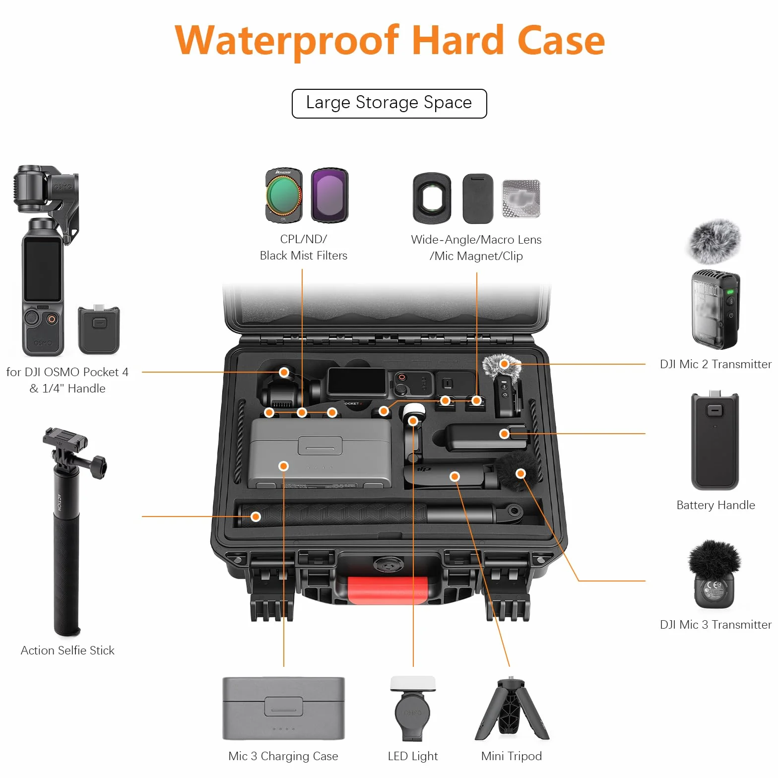 AMAZEAR Wodoszczelna walizka do DJI Osmo Pocket 4, akcesoria i aparat, etui ochronne o twardej obudowie, zaprojektowane specjalnie do Osmo Pocket4 Diving Combo Kit, z paskiem na rękę i karabińczykiem