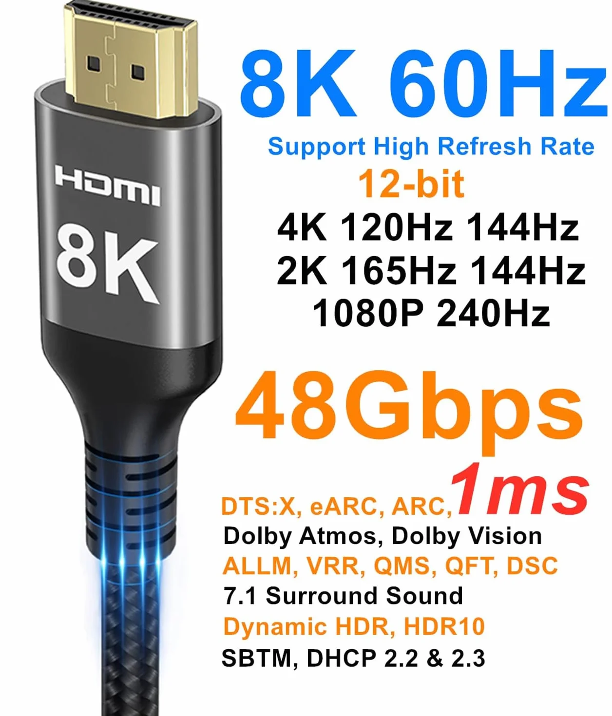 Ubluker 8k Kabel HDMI 20M, Nylonowy oplot Szybki kabel HDMI® 4k 120Hz 2k 165Hz 8k 60Hz 12bit eARC ARC Dolby Atmos HDR10+ HDCP2.3 Kompatybilny z PC TV Monitor Laptop Mac PS5 Xbox