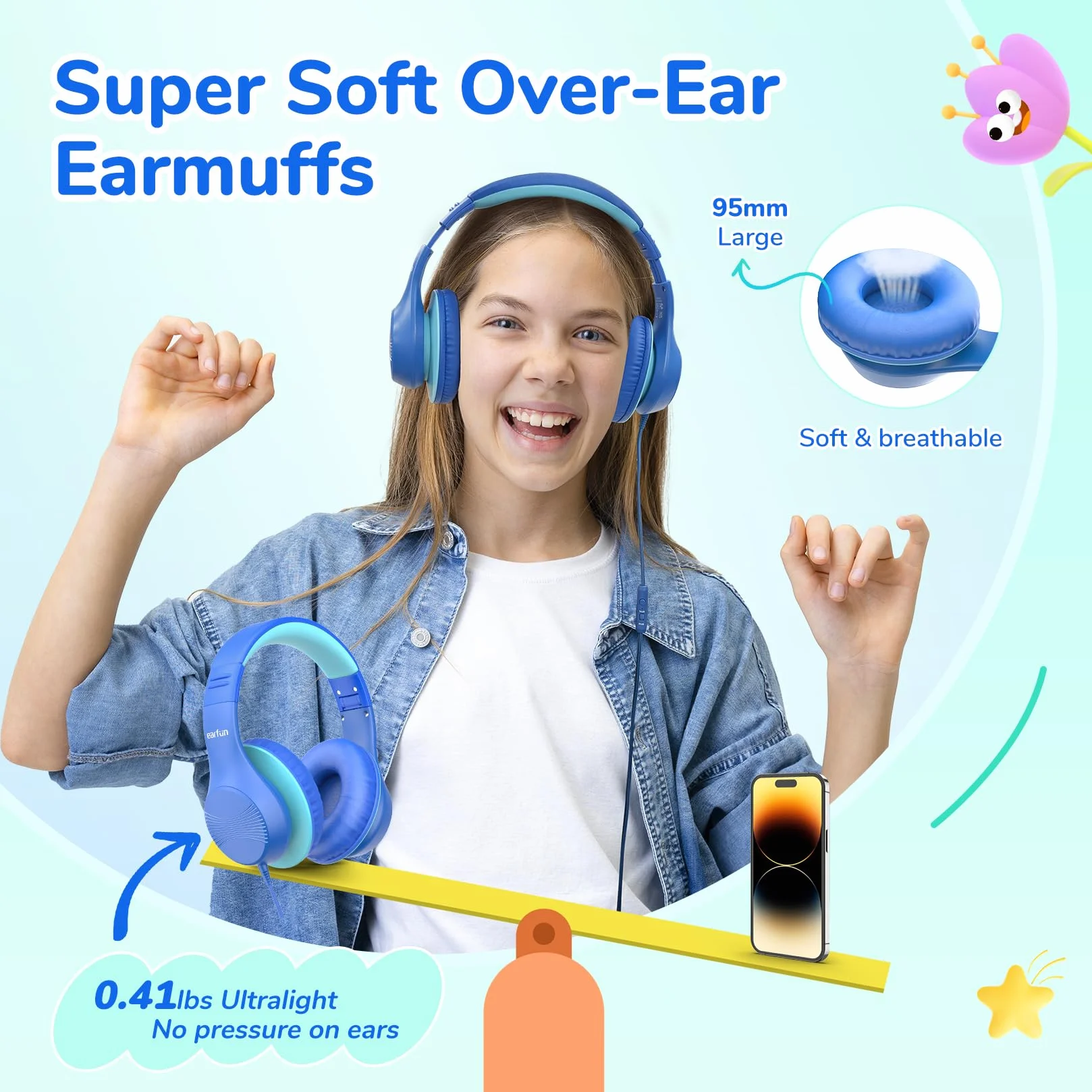 EarFun Słuchawki przewodowe dla dzieci, składane słuchawki nauszne z mikrofonami, bezpieczny limit głośności 85/94 dBA, dźwięk stereo HD, gniazdo 3,5 mm, słuchawki dla dzieci do szkoły, podróży