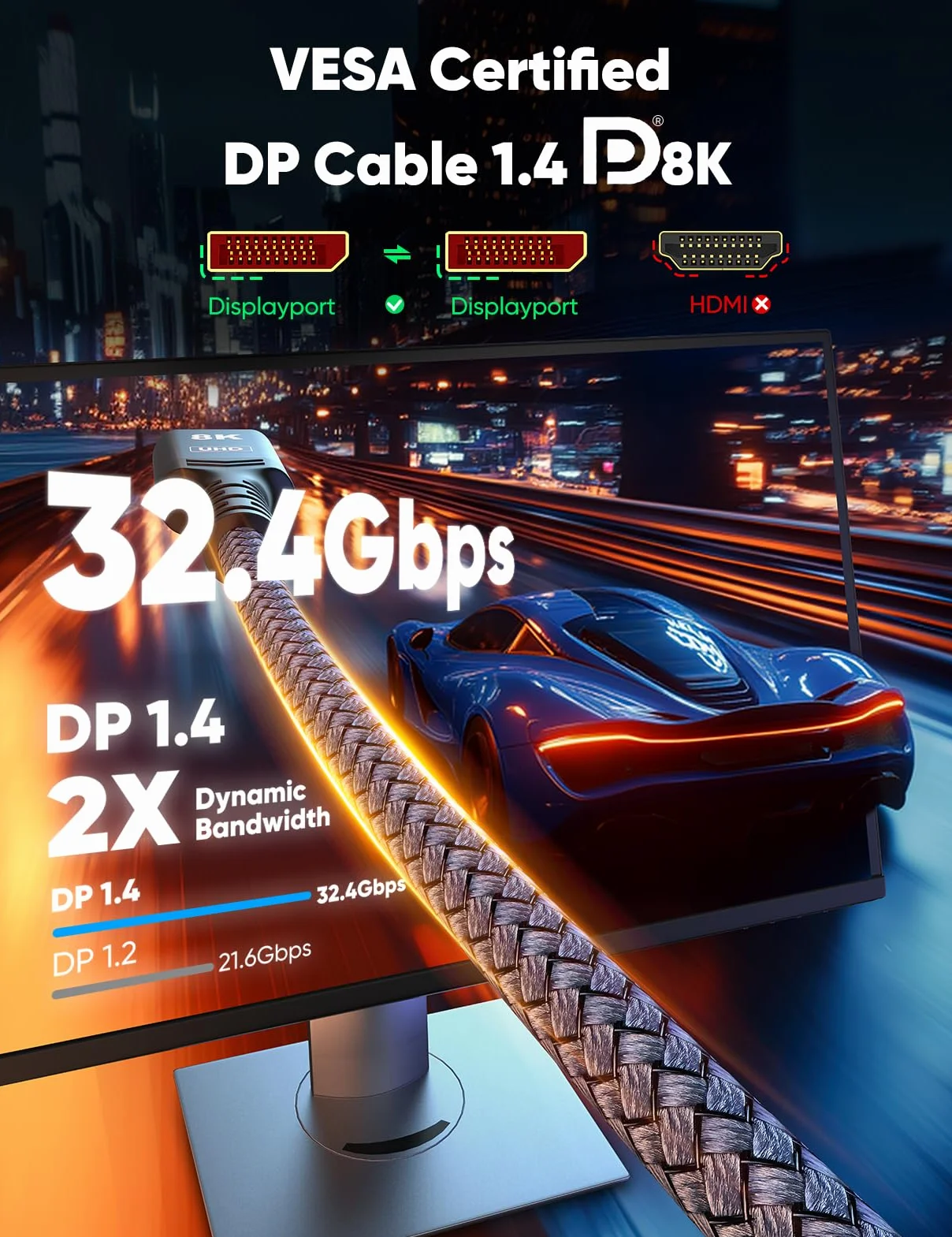 Capshi Kabel DisplayPort z certyfikatem VESA 1.4, 8K DP 60 Hz, 4K przy 144 Hz, 2K przy 240 Hz) HBR3 obsługuje 32,4 Gb/s, HDCP 2.2, HDR10 FreeSync G-Sync do monitora gamingowego 3090 Graphics PC (szary