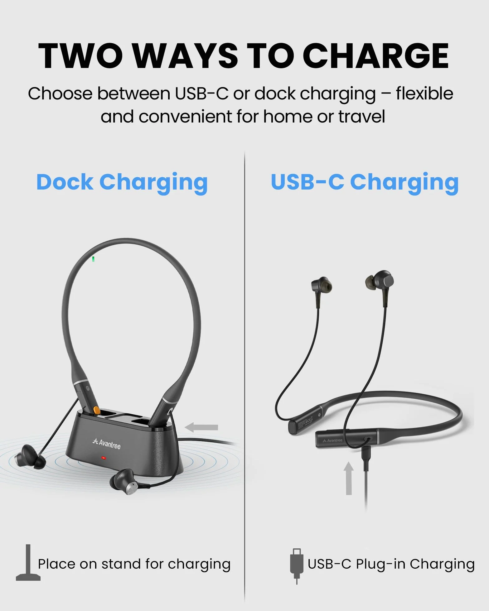 Avantree Loop Dock – Słuchawki Bluetooth z pałąkiem na szyję i technologią Auracast, z stacją ładującą Drop-In, niską latencją, 3 trybami EQ z Voice Clear, komfortowe do TV, PC i telefonu.
