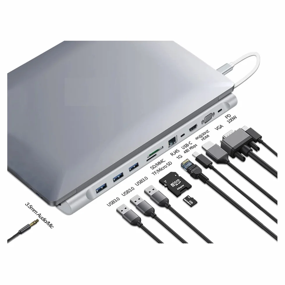 WE 11PORT USB-C HUB HDMI 4K/60HZ, RJ45 1000 Mpbs, VGA, 3 x USB3.0, ładowanie USB-C 100 W lec Micro SD/SD, Jack 3.5, port USB-C umożliwiający przesyłanie.