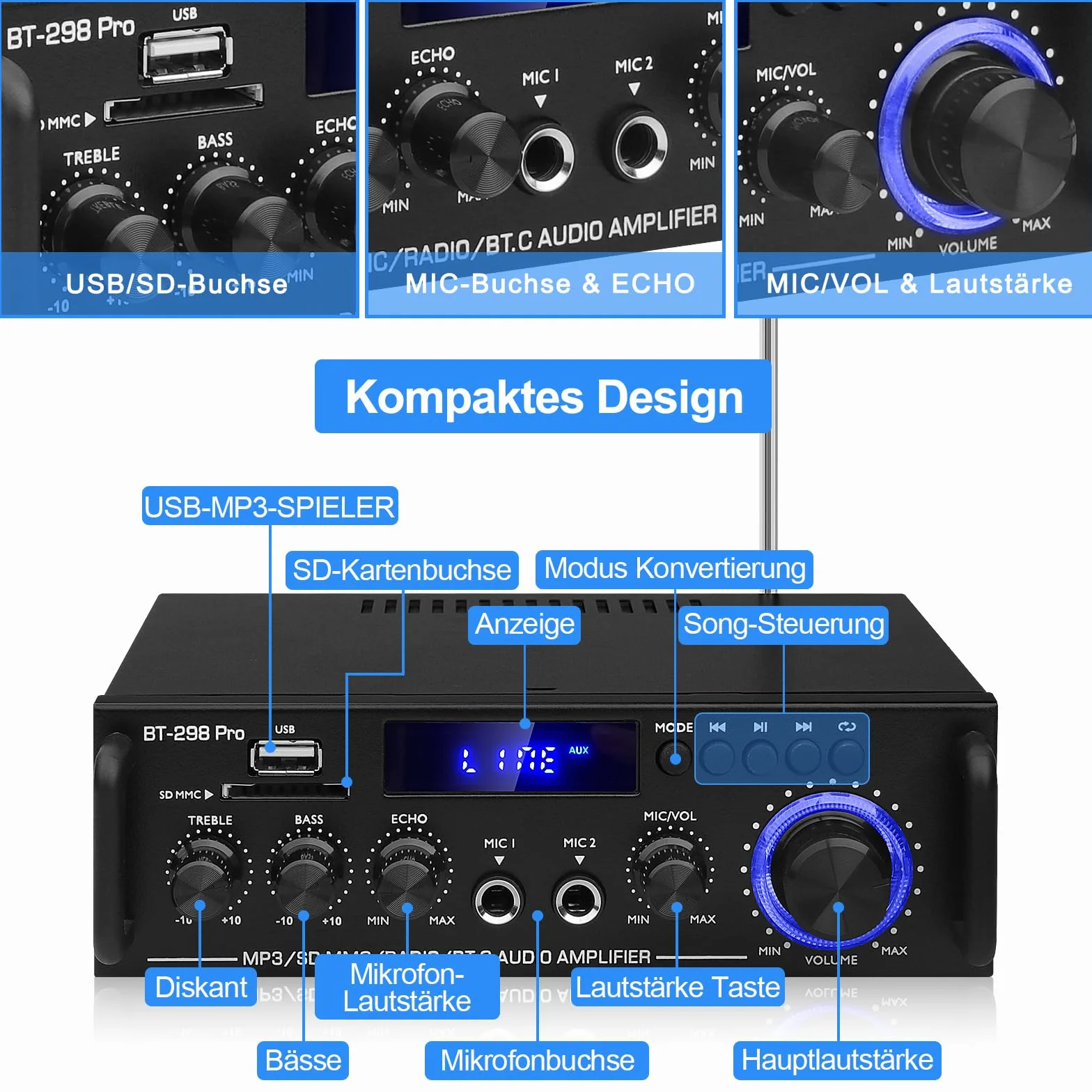 Wzmacniacz audio stereo HiFi, 2.0-kanałowy wzmacniacz głośnika Bluetooth 5.0, BT-298pro 50Wx2 Max 600 W Mini wzmacniacz samochodowy cyfrowy odbiornik mocy HiFi z Echo, MIC, USB, FM